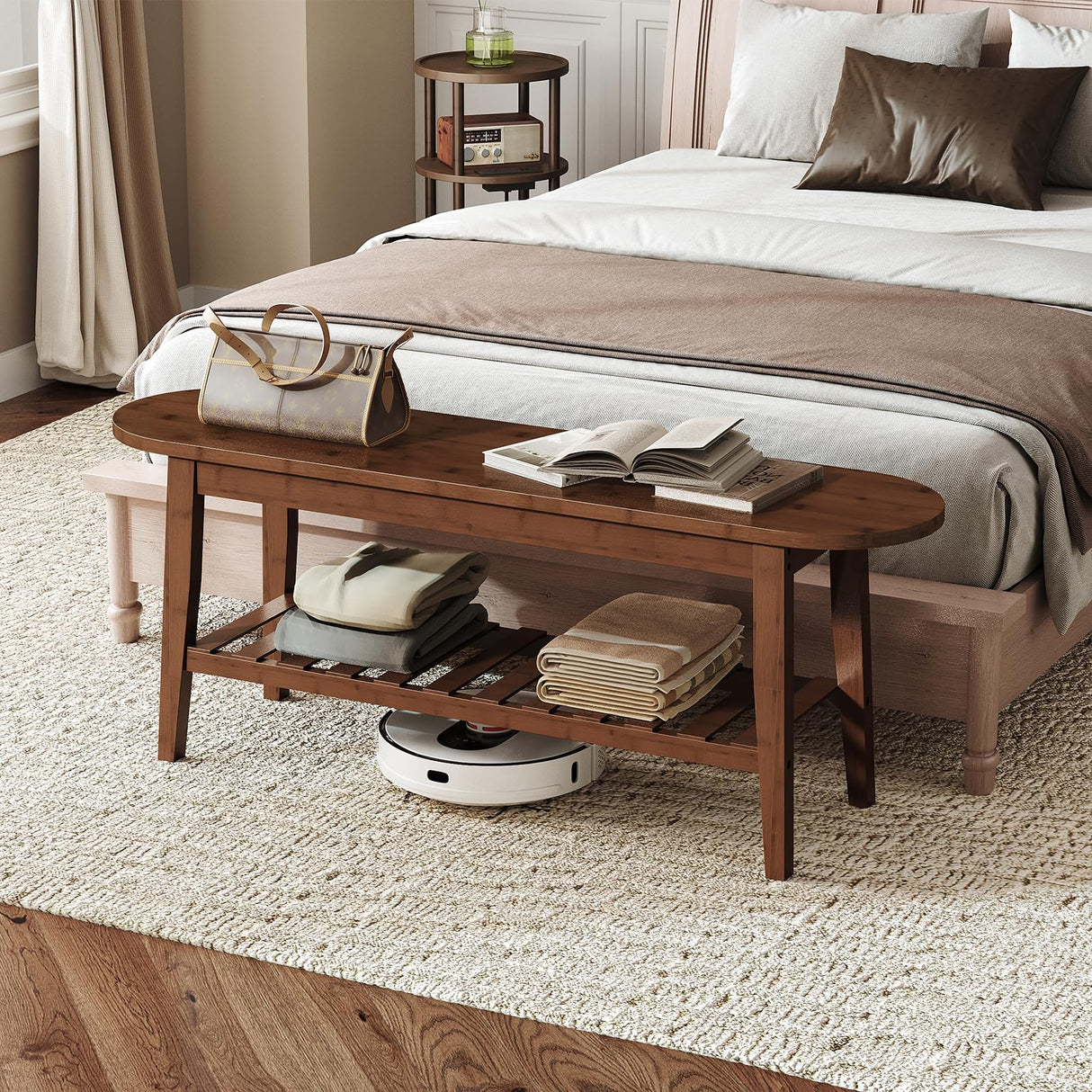 HOOBRO Dining Bench, 2-Tier Bamboo Farmhouse Entryway Bench, Indoor Storage Wooden Bench for Living Room, Dining Room, Hallway, Bedroom, Entryway, Bathroom, Brown BR06CD01 HOOBRO