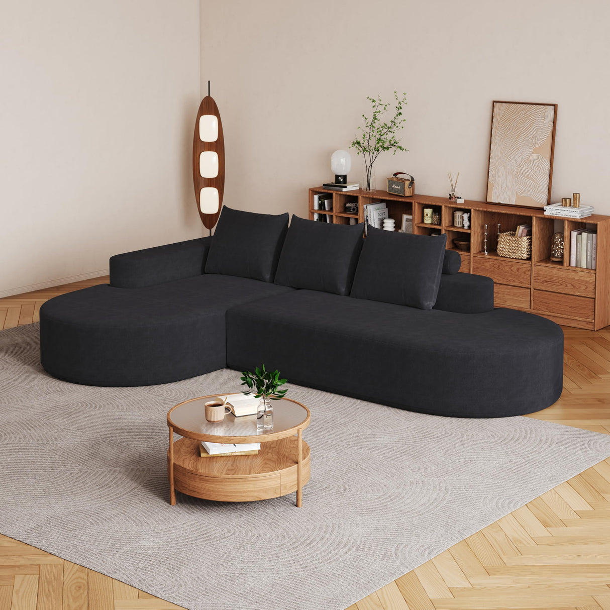 KEIKI 108.5" L Shaped Corner Sofa, Curved Sectional Couch with Chaise, Upholstered Chenille Sectional Couch for Living Room, Bedroom, Black KEIKI