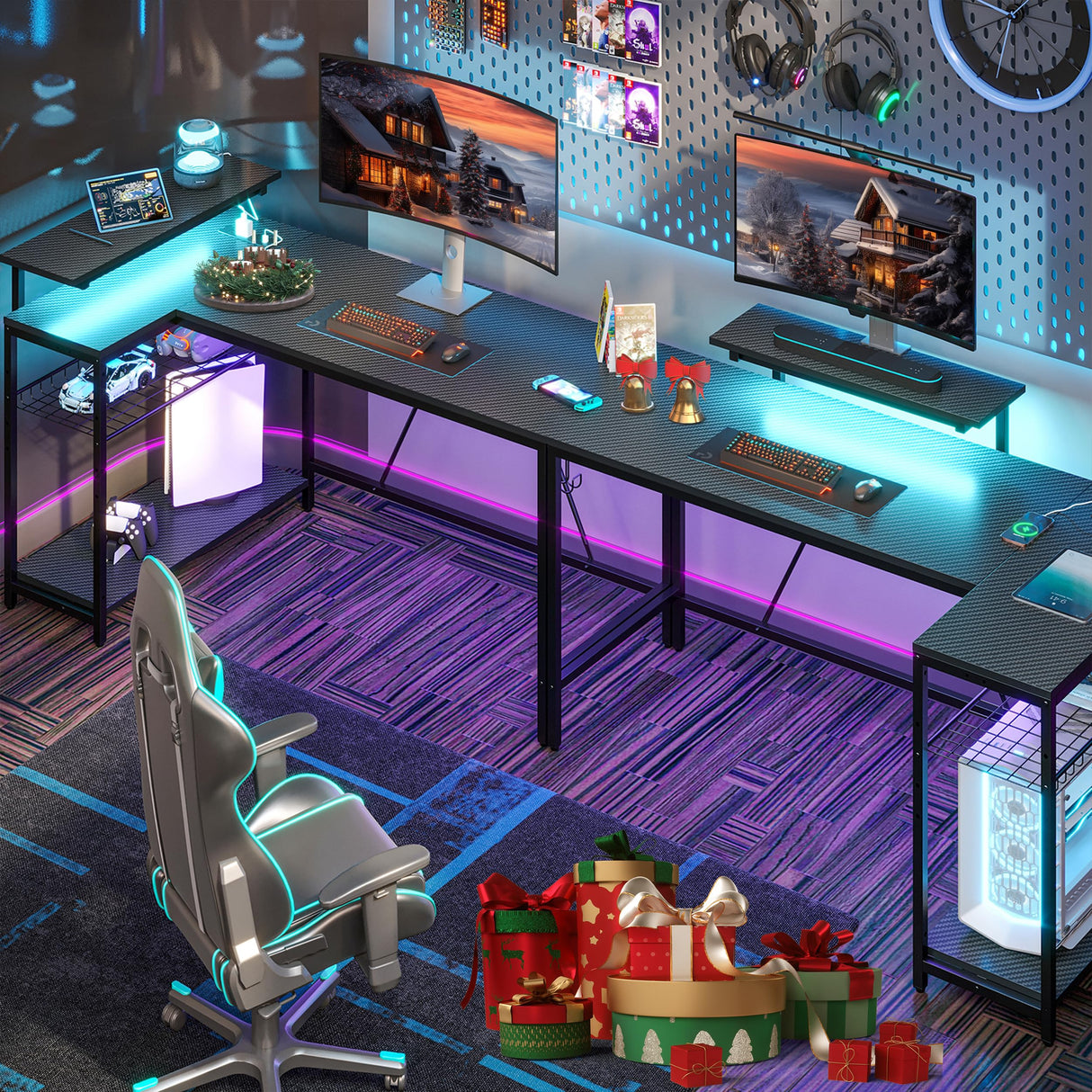 Bestier 58 L Shaped Gaming Desk with LED Lights & Power Outlets,Reversible Home Office Corner Desk with Shelves,Larger PC Workstation with Hooks for Studying,Desk for Bedroom,Carbon Fiber Black Bestier