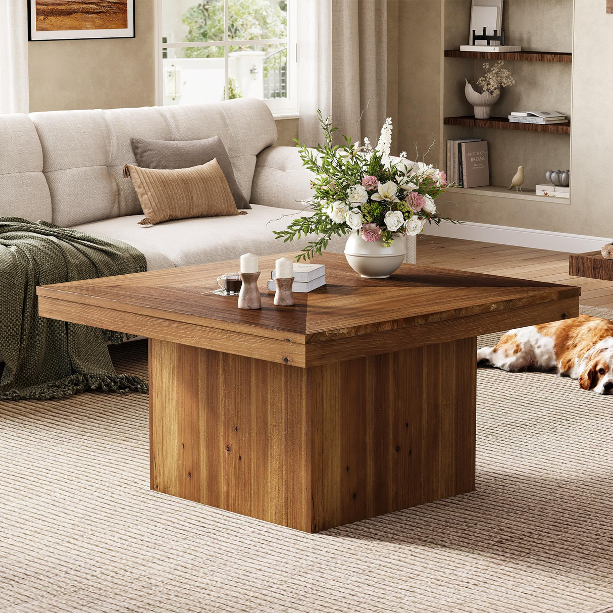 TRIBEWOOD Wood Coffee Table for Living Room, 35.43" Mid Century Modern Square Center Cocktail Table, Farmhouse Accent Tea Cocktail Furniture for Small Space, Office, Rustic Brown TRIBEWOOD