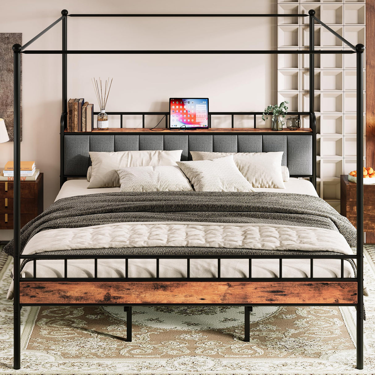 LIKIMIO Canopy Bed Frame King, Storage Headboard with Charging Station, Platform Bed with 4 Removable Sturdy Posts, Noise Free, No Box Spring Needed, Vintage Brown LIKIMIO
