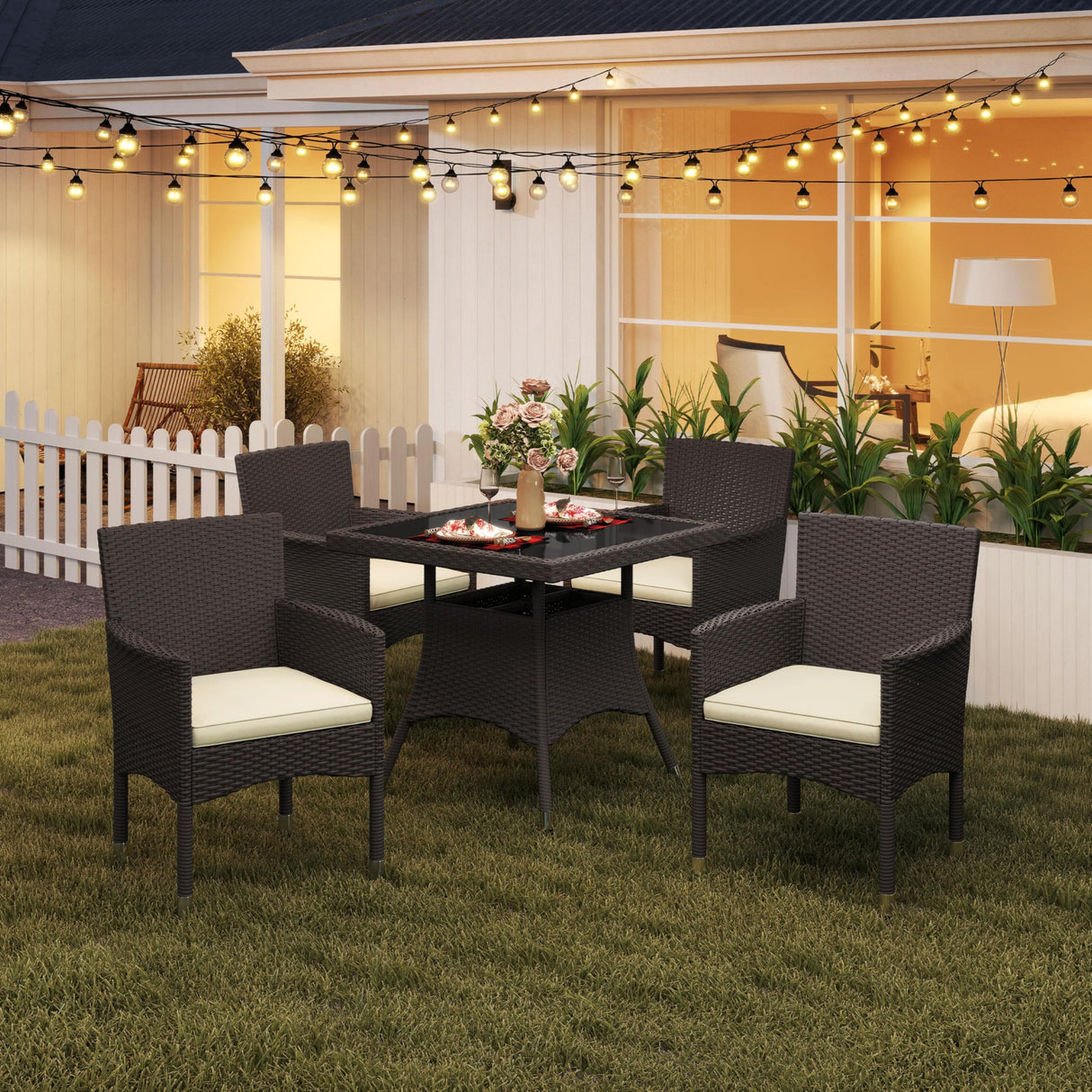 Yaheetech 5-Piece Patio Furniture Set, Outdoor Rattan 4 Dining Chairs & Tempered Glass Table with Umbrella Hole, for Garden Backyard Deck Balcony, Brown/Beige Yaheetech