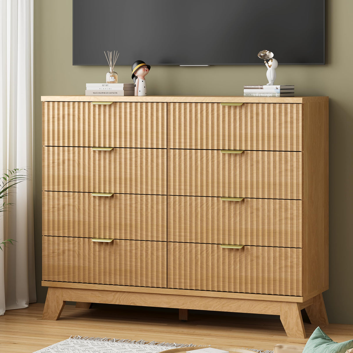 Fluted Dresser for Bedroom with 8 Drawers, 48" Wide Modern Chest of Drawers with Metal Handle, Wooden Dresser TV Stand, Wood Closet Clothes Storage Organizer for Living Room, Hallway, Natural Oak Xixini