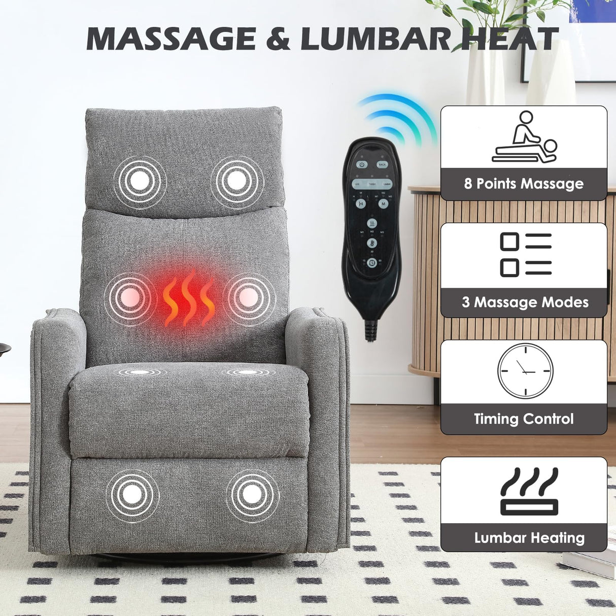 Trustyue Manual Recliner Chair, 360° Swivel Rocker Recliner with Heat and Massage for Small Space, Upholstered Fabric Glider Rocking Chair Nursery Chair with Side Pockets for Living Room, Grey Trustyue