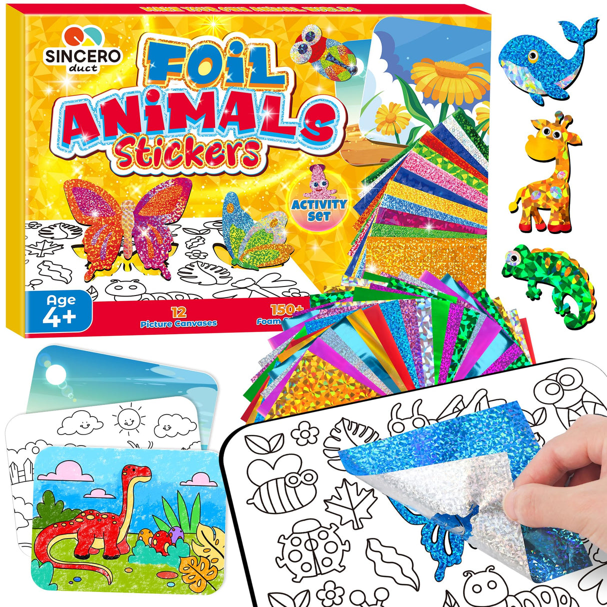 sinceroduct Foil Art Kit for Kids, Foils Arts and Crafts for Kids Age 4-8,Travel Toys Supplies,Foil-Foam Stickers,Birthday Gifts for Boys & Girls,Mess Free Coloring Card Set. sinceroduct