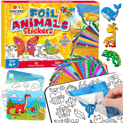 sinceroduct Foil Art Kit for Kids, Foils Arts and Crafts for Kids Age 4-8,Travel Toys Supplies,Foil-Foam Stickers,Birthday Gifts for Boys & Girls,Mess Free Coloring Card Set.