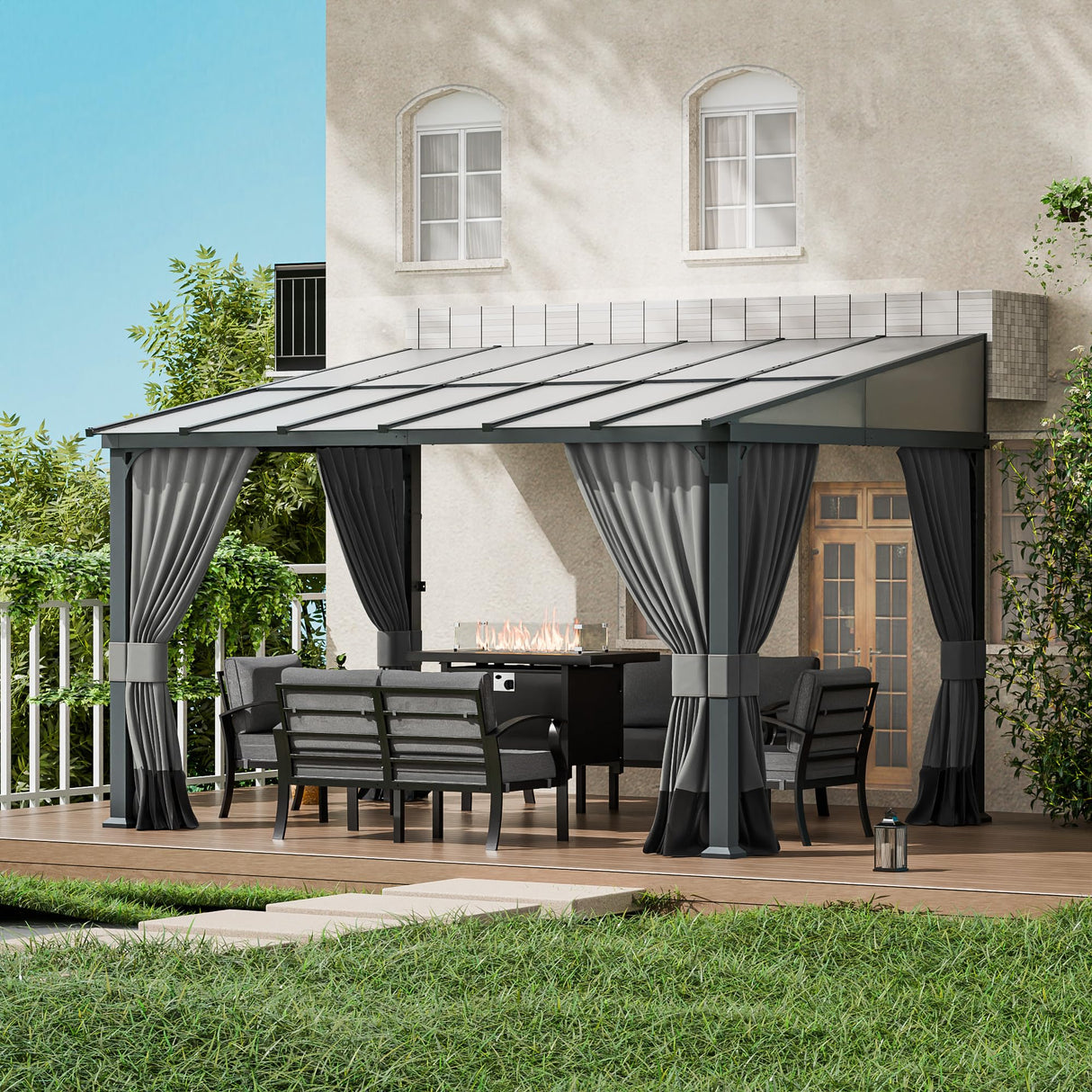 ASJMR 10x12FT Gazebo, Hardtop Wall Mounted Gazebo with Sloping Sun Panel Roof, Awnings for Patio with Metal Frame, Double Curtains for Garden, Lawn, Backyard Deck, Sand ASJMR