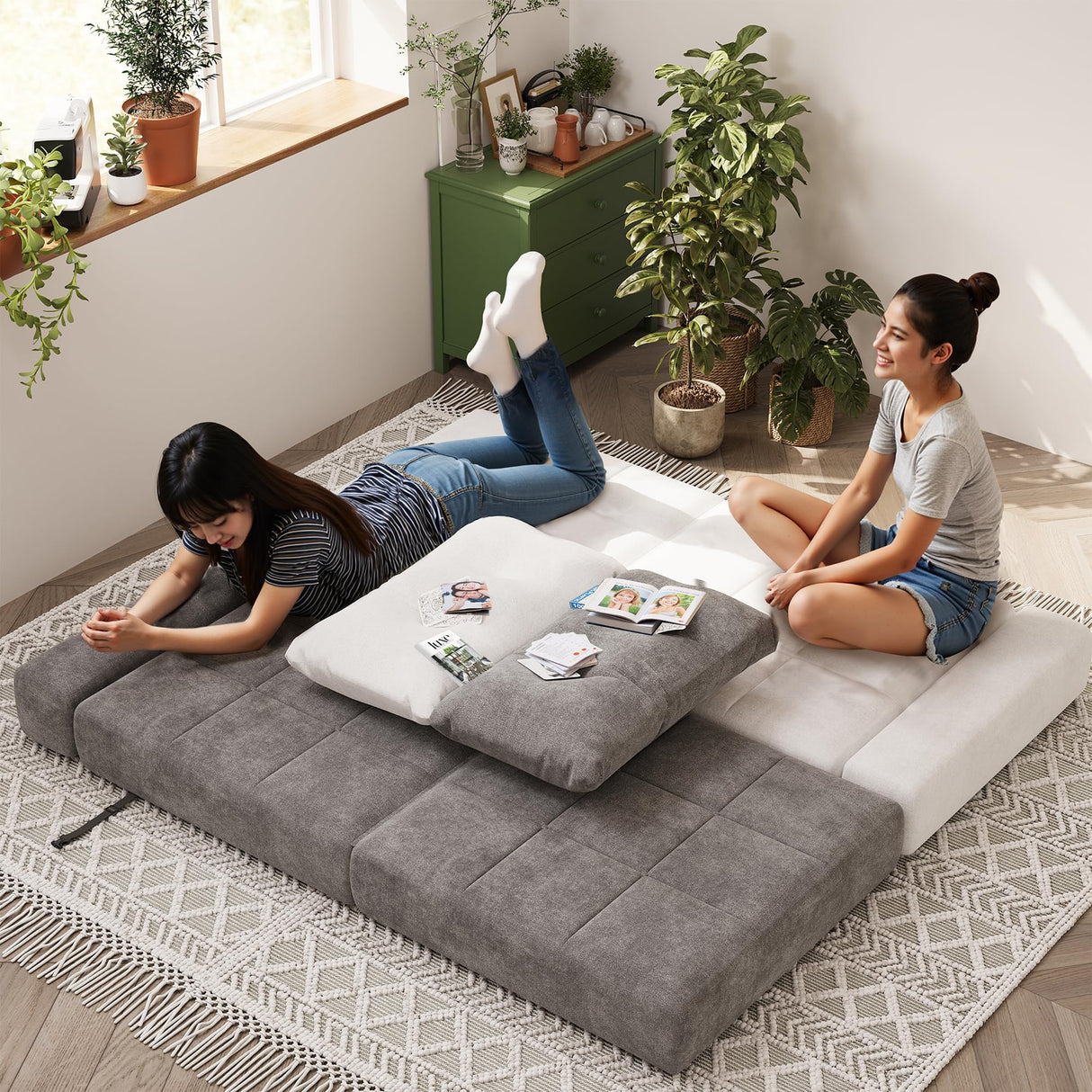 Homall Folding Sofa Bed, Convertible Sleeper Sofa Couch with Headrest & Lumbar Pillow, Chenille Fabric Chair Bed, Single Futon Mattress for Living Room, Apartment, Office (White) Homall