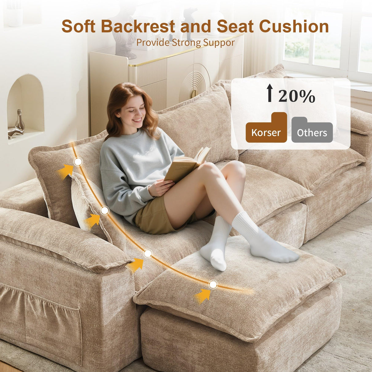 Korser 122" Sectional Couches for Living Room, Modular Boneless Couch with Deep Seat & Fluffy Cushion, Cozy Double-Layer Cushioned Sofa with Convertible Ottoman, Comfy Cloud Sofa, No Assembly Required Korser