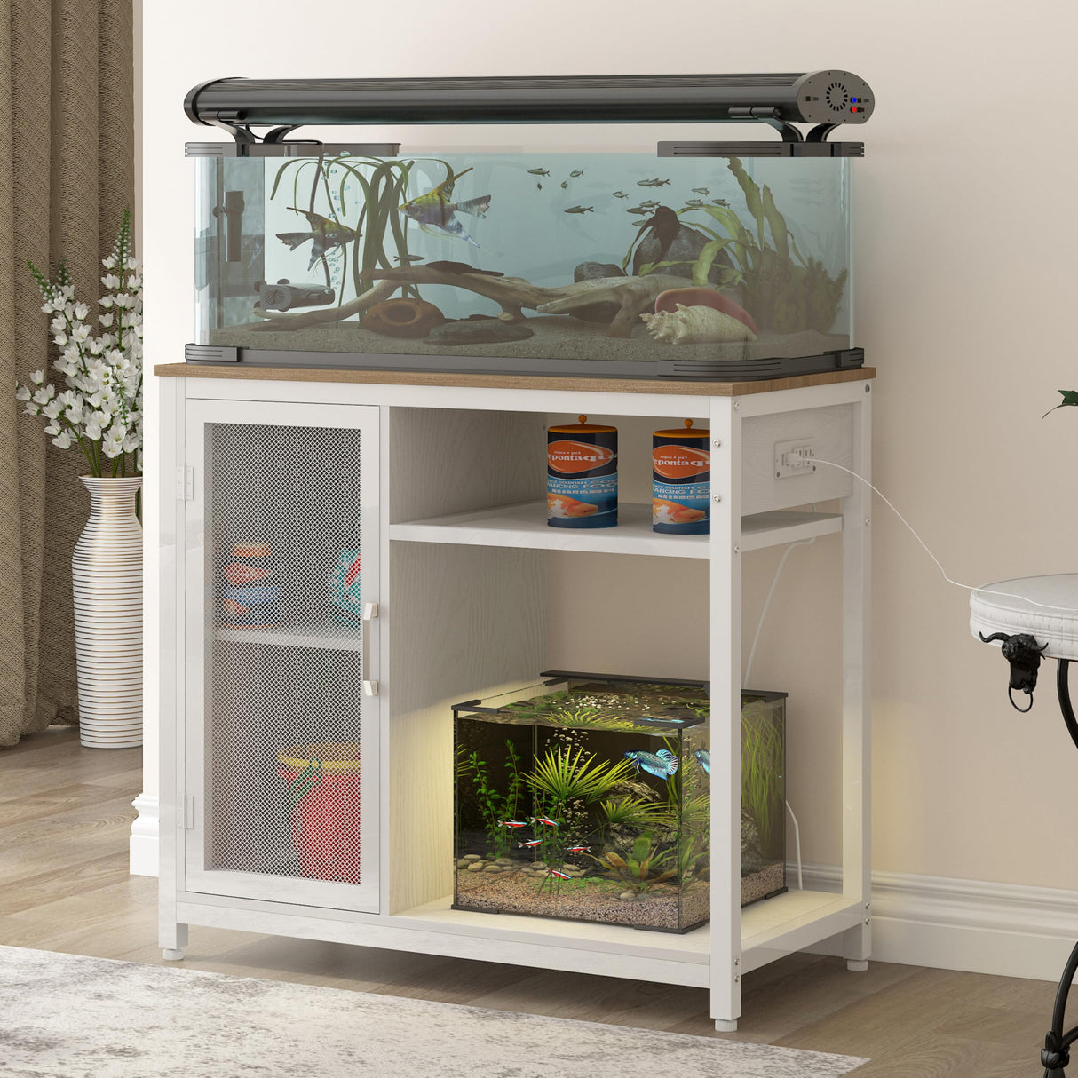 40-50 Gallon Aquarium Stand,Fish Tank Stand with Power Outlets, Aquarium Cabinet for Fish Tank,Metal Fish Tank Stand with Storage Suitable for Turtle Tank, Reptile Terrarium, 660LBS Capacity, White GarveeHome