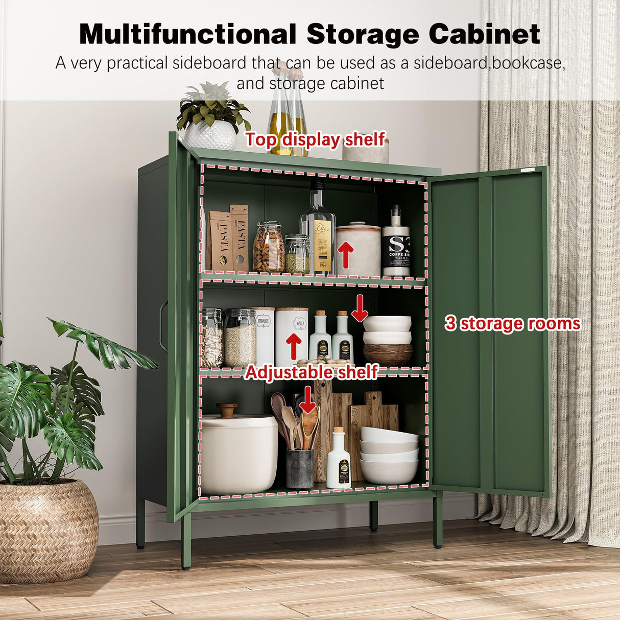 Bevivog Green Metal Locker Cabinet with 2 Doors, Metal Accent Cabinets with 2 Adjustable Shelves Home Office Storage Lockers Sideboard for Kitchen Living Room Hallway Entryway Bevivog