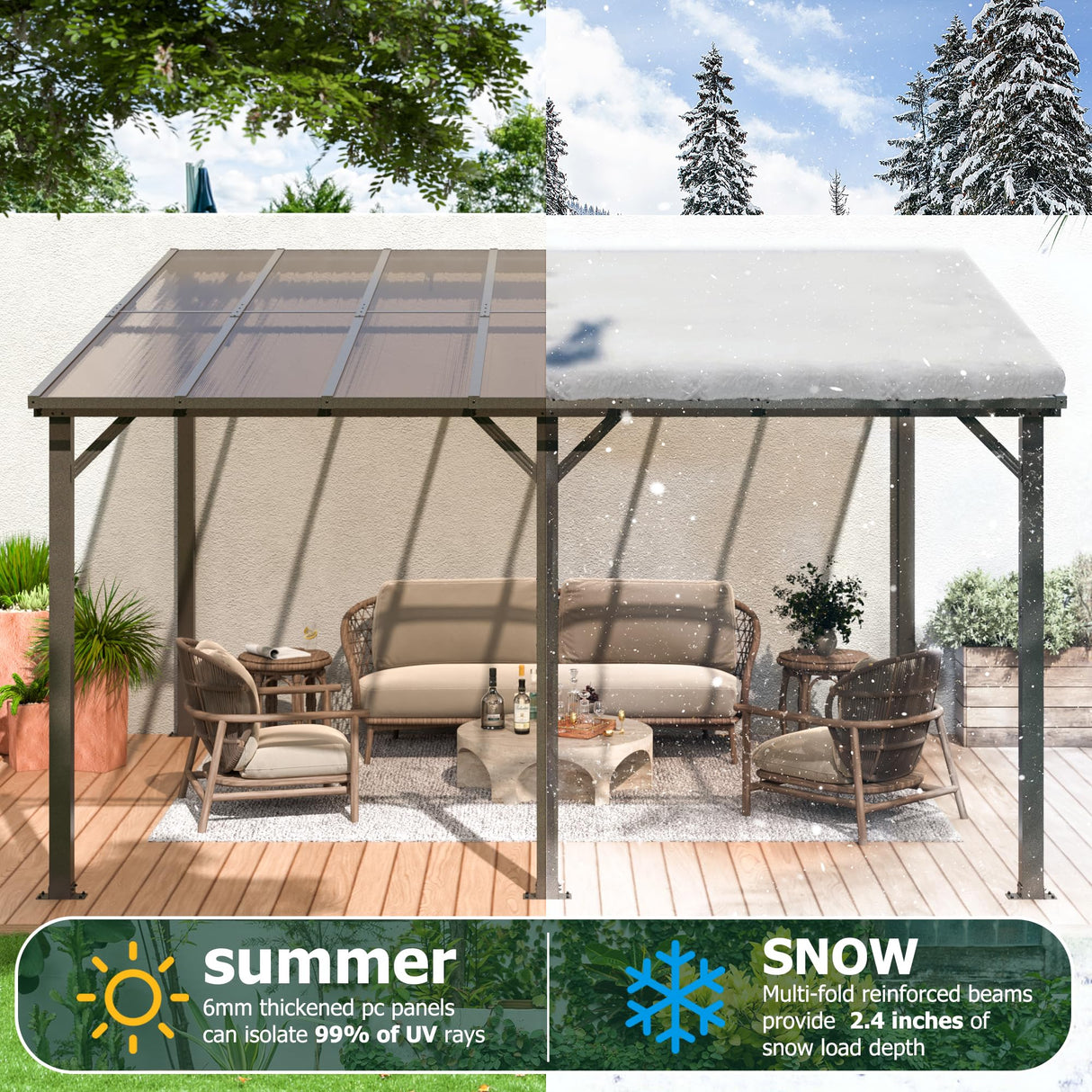 WKM 10x14 FT Wall Mounted Gazebo, Lean to Gazebo Hard Top, Decks, Porch and Backyard WKM