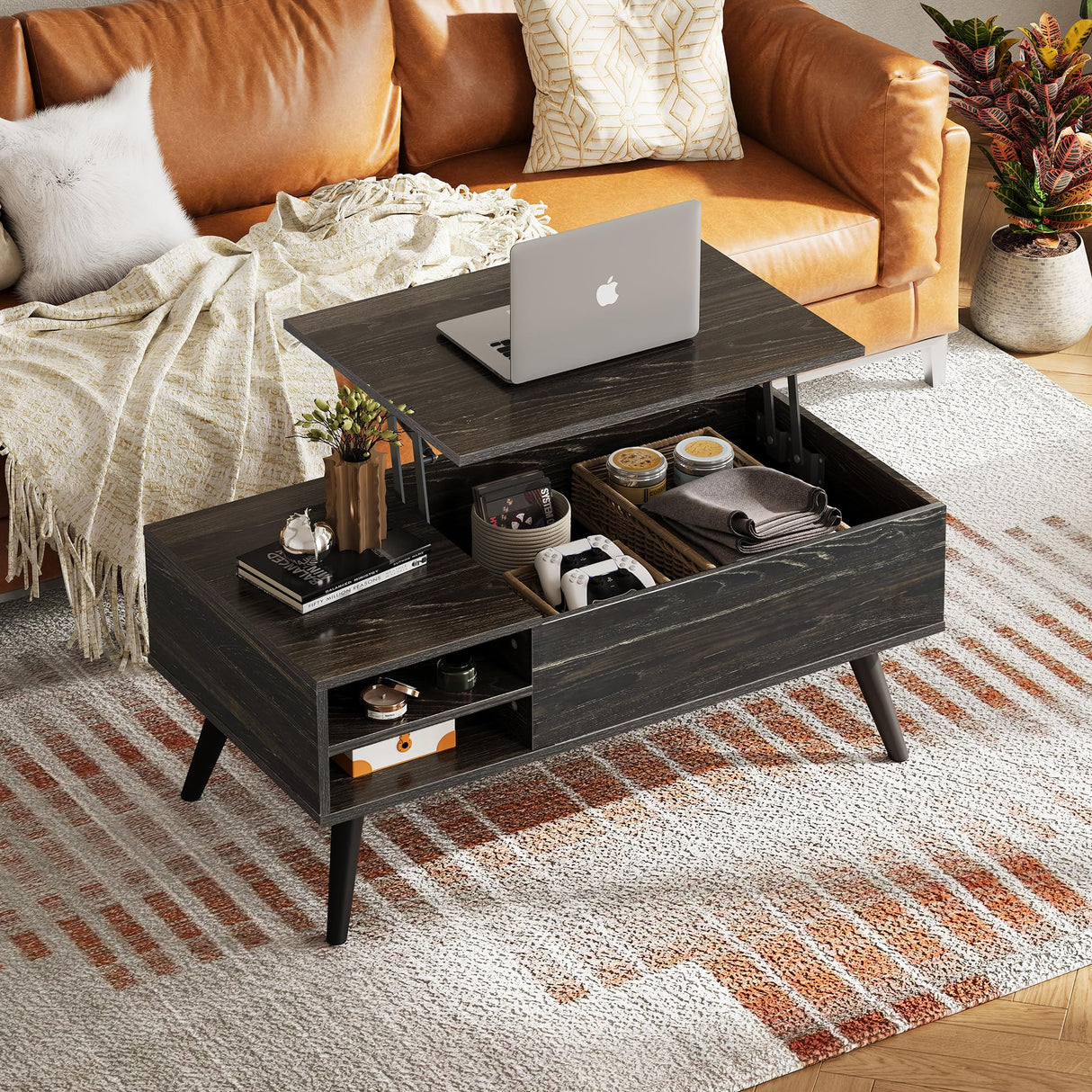 WLIVE Wood Lift Top Coffee Table with Hidden Compartment and Adjustable Storage Shelf, Lift Tabletop Dining Table for Home Living Room, Office, Charcoal Black WLIVE