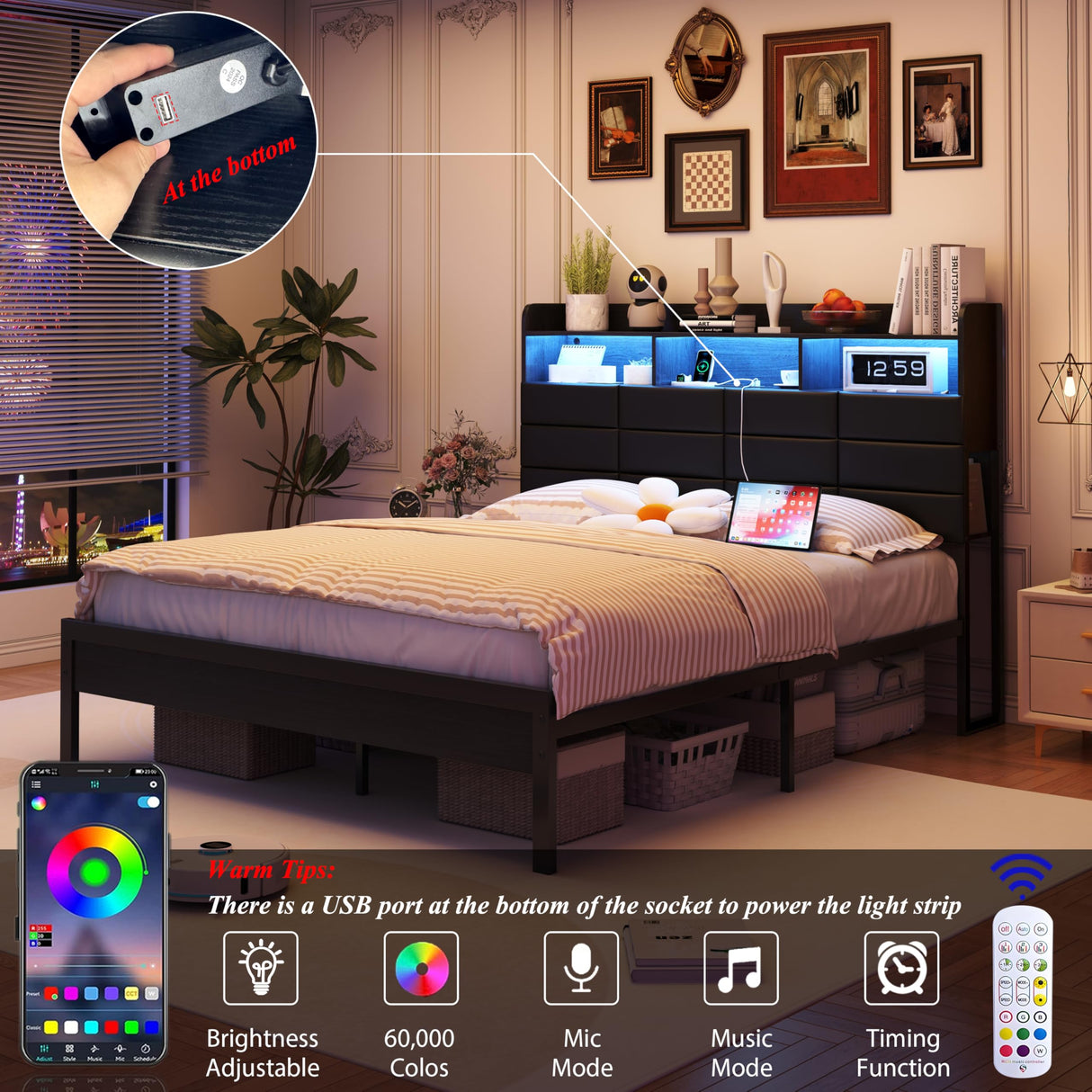 Etditrnp King Size Black Bed Frame with 2 Storage Drawers and Charging Station, Upholstered Bed Frame with PU Leather Headboard LED Lights, Metal Slats Support, No Box Spring Needed, Noise Free Etditrnp