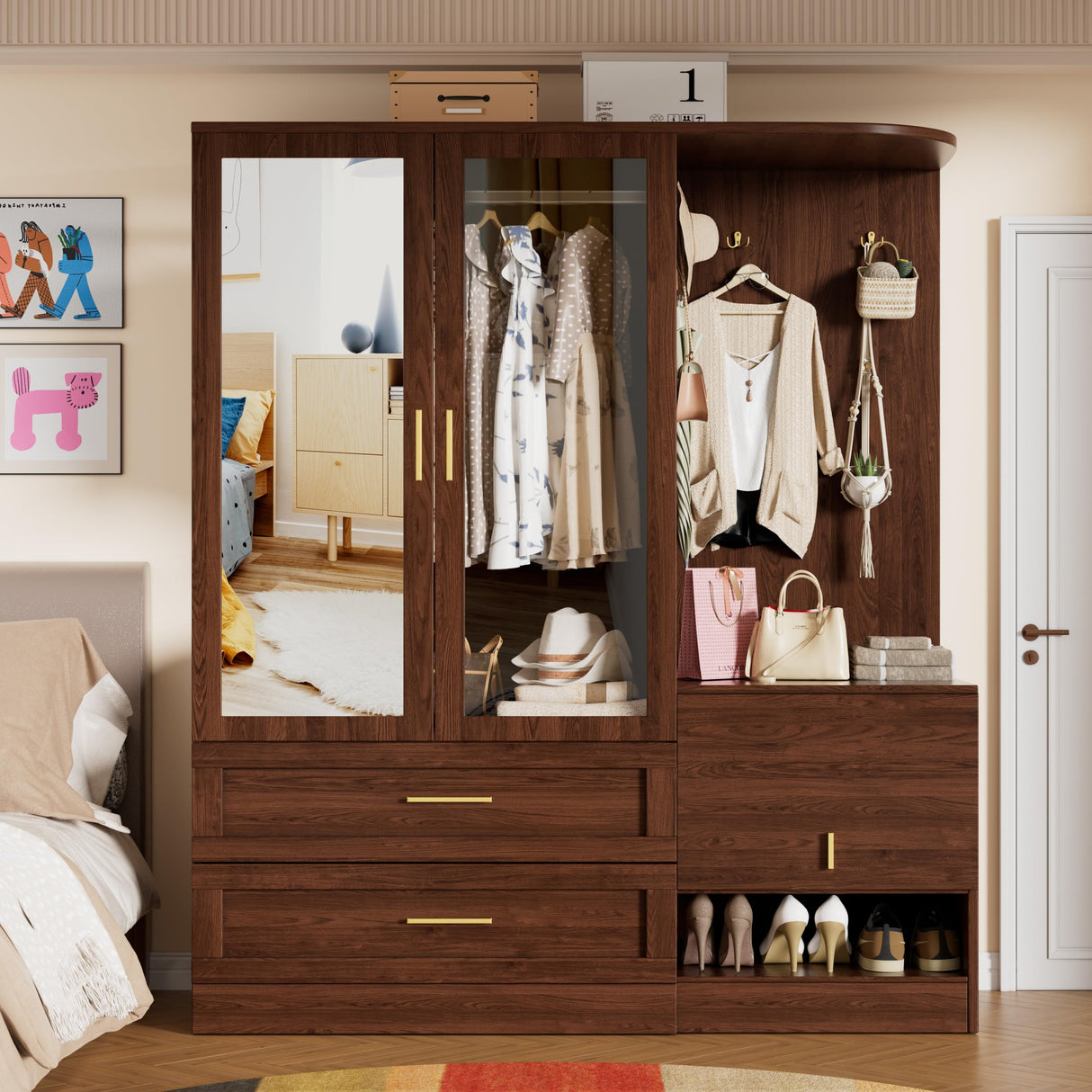 PAKASEPT 2 Doors Armoire Wardrobe Closet with Mirror,71'' Tall Freestanding Wooden Wardrobe Closet Farmhouse Storage Cabinet for Bedroom with Hanging Rod,Clothes Hook,Drawers,Hidden Bench,Retro Brown PAKASEPT