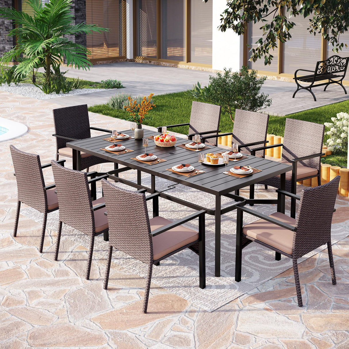 PHI VILLA 9 Pieces Outdoor Dining Set for 8, Large Rectangle Wrought Iron Table with Umbrella Hole & Cushioned Wicker Chairs, Dining Furniture for Patio, Deck, Yard, Porch PHI VILLA