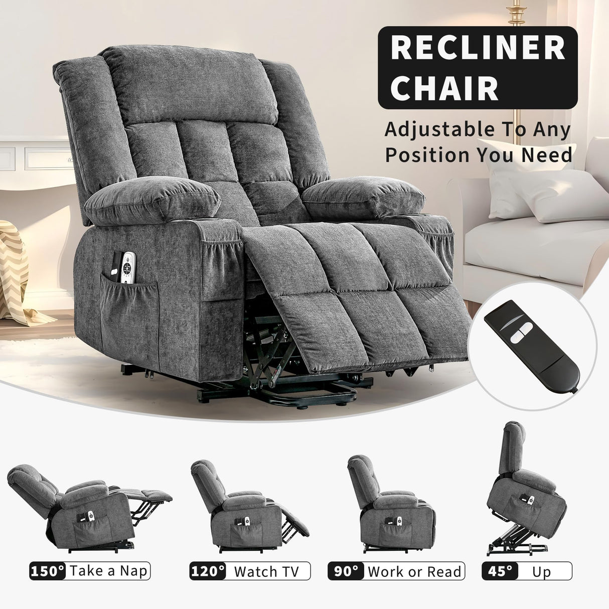 Power Lift Recliner Chair for Elderly Overstuffed Large Electric Lift Chair with Heat and Massage for Big and Tall Adults Reclining Sofa Chair with 2 Cup Holders, Side Pockets, USB Charge Port, Gray WARMTOBABY