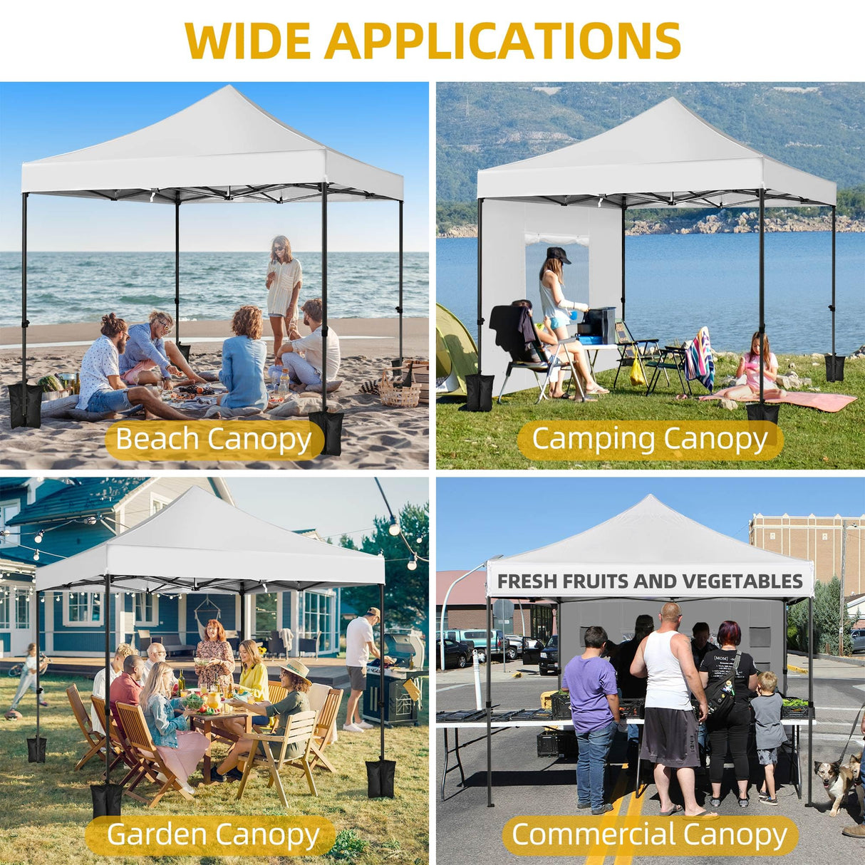 DWVO 10x10 Pop Up Heavy Duty Canopy Tent with 4 Removable Sidewall, 4 Ropes, 8 Stakes, 2 Blank Banners, 4 Sandbags & 1 Carry Bag with Wheel, Garden Gazebo Tent, Party, Exhibition, Commerce, White DWVO