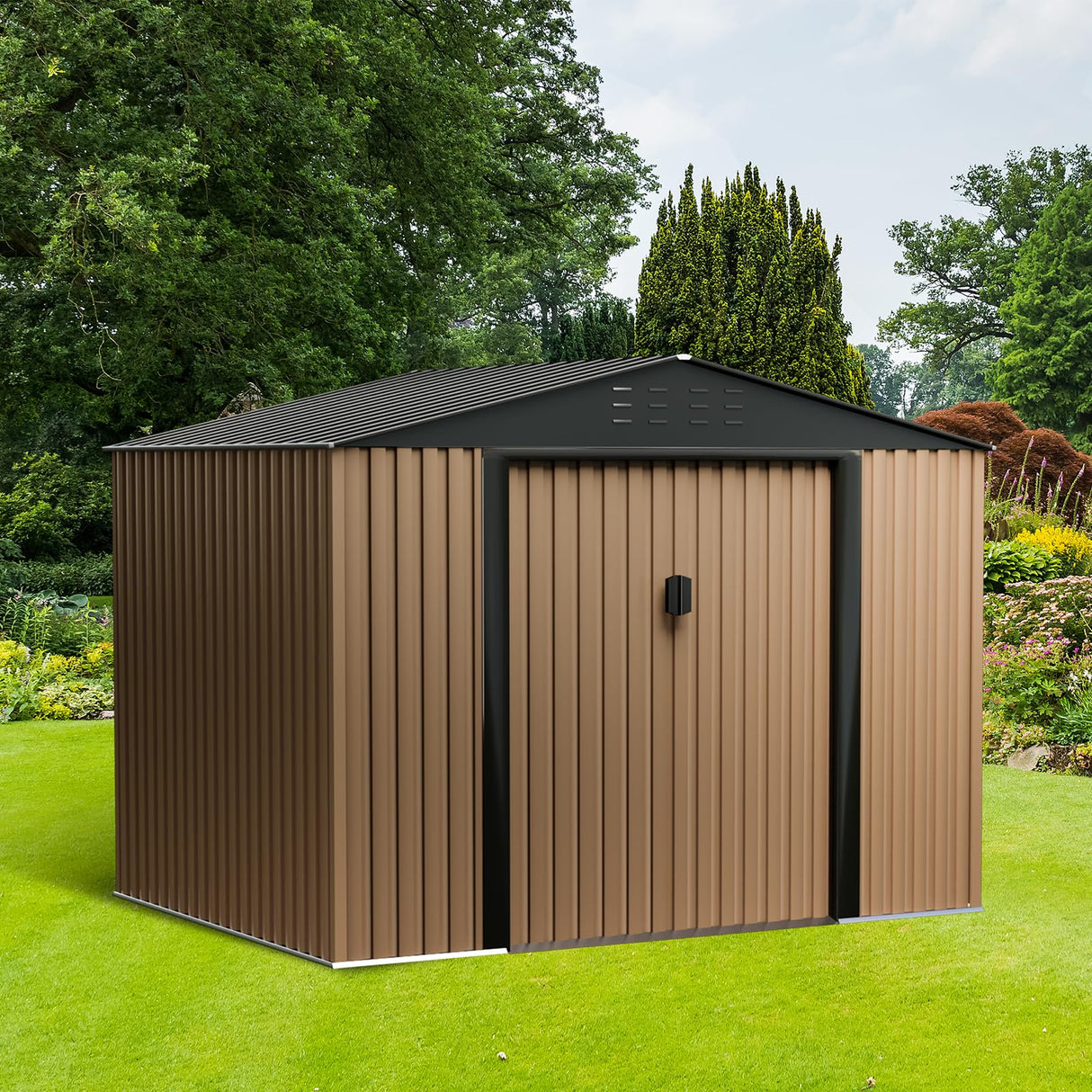 Outdoor Storage Shed, 8 x 6 FT Metal Storage Shed, Metal Garden Tool Shed with Roof, Door & Lock, Waterproof and Anti-UV, for Patio Garden Yard, Brown CuisinSmart