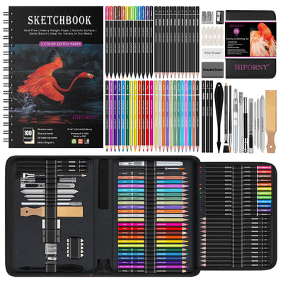 HIFORNY 176 PCS Art Supplies Drawing Set Sketching Kit with 100 Sheets 3-Color Sketchbook,Graphite Colored Charcoal Watercolor & Metallic Pencils,Blending Tools and More, for Beginner Artists
