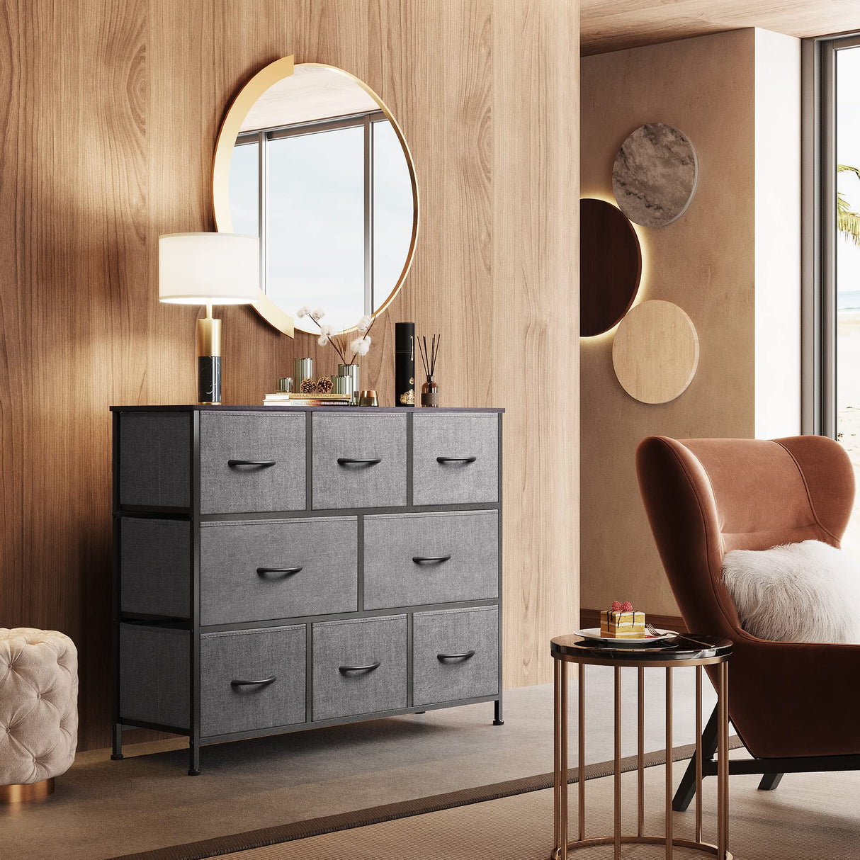 WLIVE Fabric Dresser, Storage Drawer Unit, Bedroom Dresser TV Stand for 32 40 43 inch TV, Wide Dresser with 8 Large Deep Drawers for Office, College Dorm, Dark Grey WLIVE