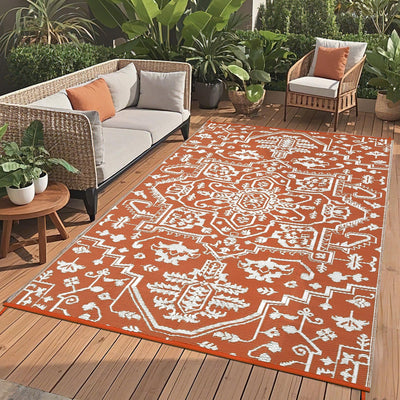8x10 Large Outdoor Rug for Patio Rugs Waterproof, Reversible Plastic Straw Rug Medallion Pattern, Vintage Camping Rug, Foldable Lightweight Carpet for RV, Porch, Deck, Backyard, Balcony(Brick Color)