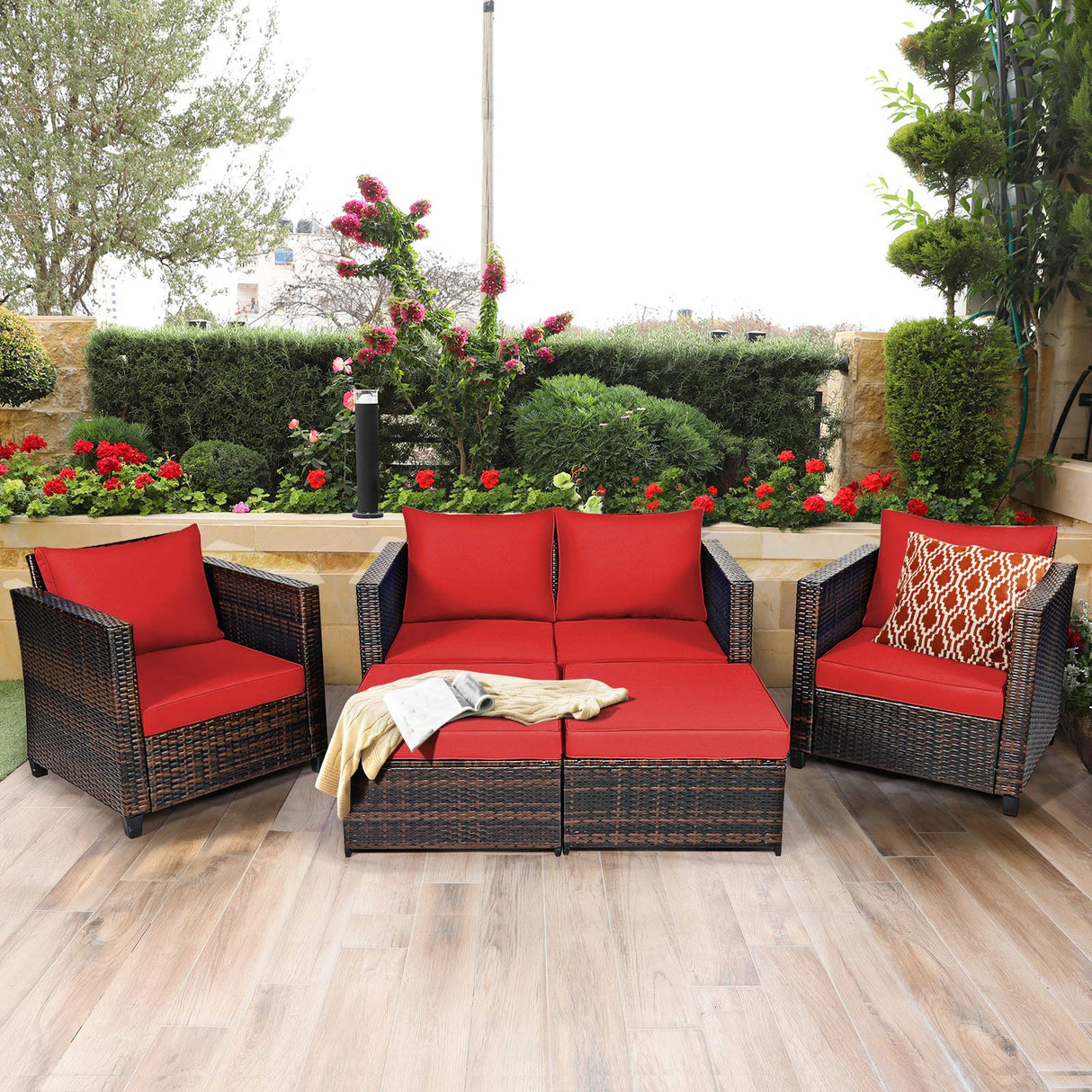 Tangkula 5 Pieces Patio Furniture Set, Outdoor Rattan Sofa Set w/Removable Cushions, Wicker Loveseat w/Single Sofa and Ottoman, Sectional Sofa Conversation Set for Backyard, Garden, Poolside (Red) Tangkula