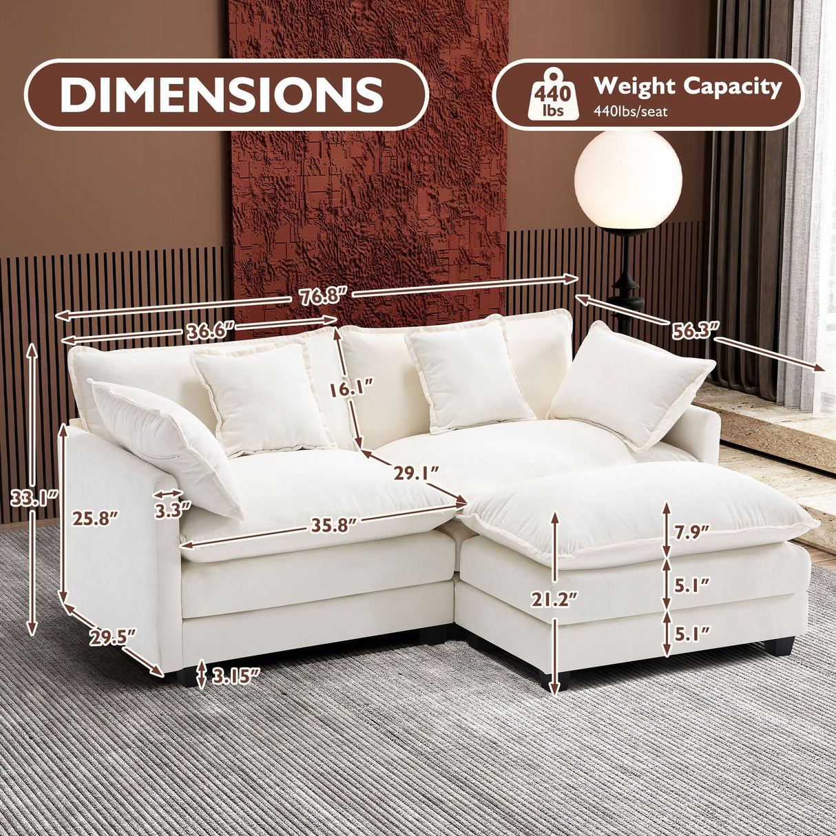 Ihanherry 77" L Shaped Modern Sofa Modular Sectional Cloud Couch with Ottoman, 3-Seat Chenille Deep Seat Sofa with Pillow for Living Room, Bedroom and Apartment, Beige Ihanherry