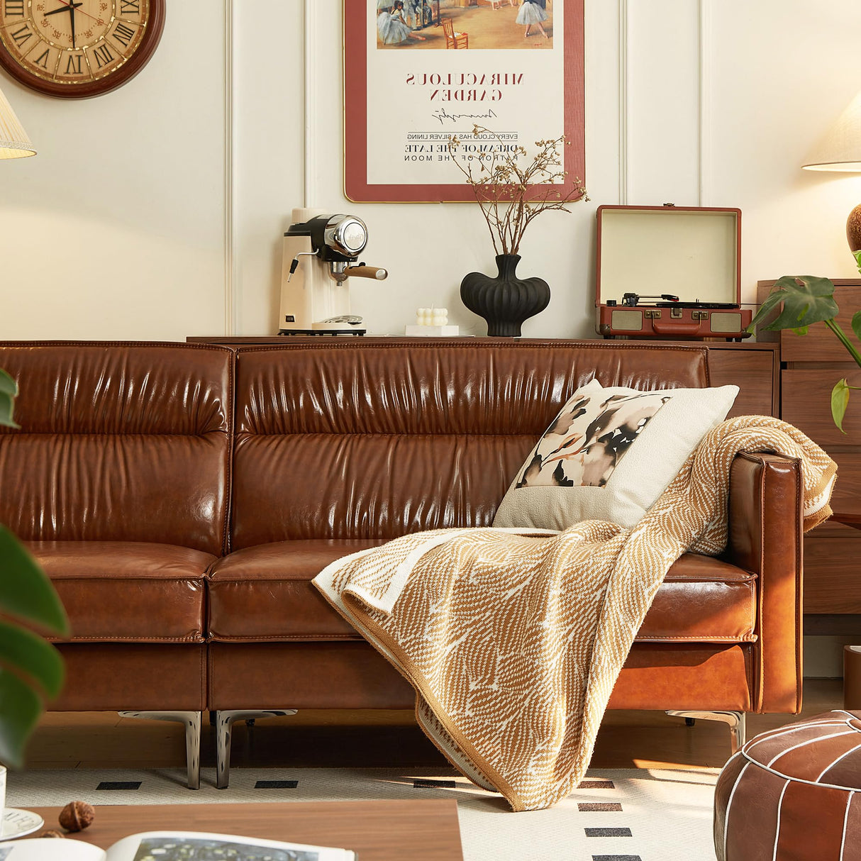 Mid-Century 3-Seater Leather Sofa with Removable Backrest and Cushions, Vintage Modern Lounge Couch for Office, Apartment, Living Room, Bedroom, with Sturdy Metal Legs - 86.61 Inches, Brown NessCarsti