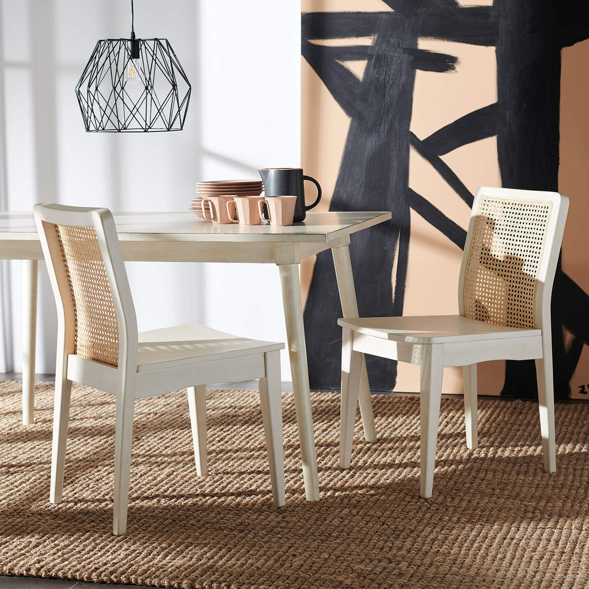 SAFAVIEH Home Collection Benicio White/Natural Rattan Dining Chair (Set of 2) DCH1005B-SET2 Safavieh