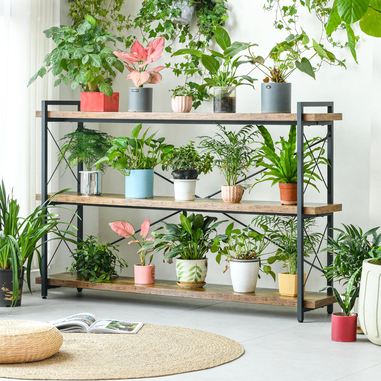 HCHQHS Bookshelf, 3-Tier Long Industrial Bookcase, Rustic Open Book Shelf, Freestanding Horizontal Bookshelves with Metal Frame HCHQHS