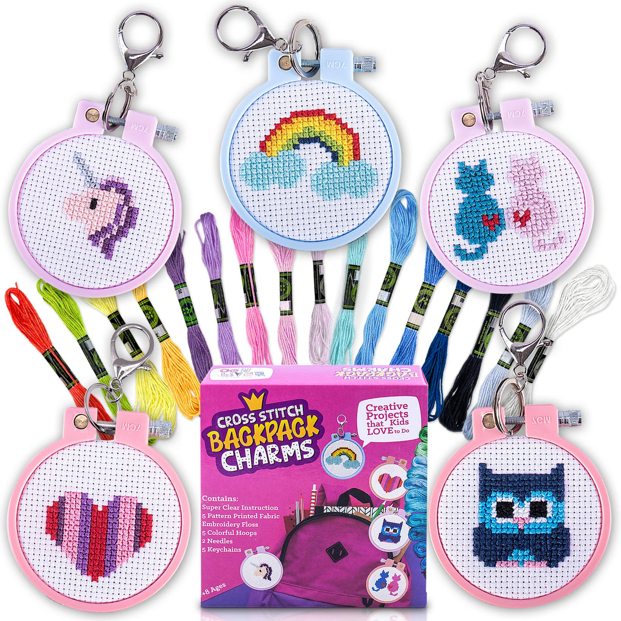 Cross Stitch Kits for Beginners. 5 Stamped Cross Stitch Kits for Kids.Needlepoint Kits for Beginners. Embroidery Kit for Kids. Crossstitch Kit for Beginners. Girls Cross Stitch kit Backpack Charms CRAFTILOO
