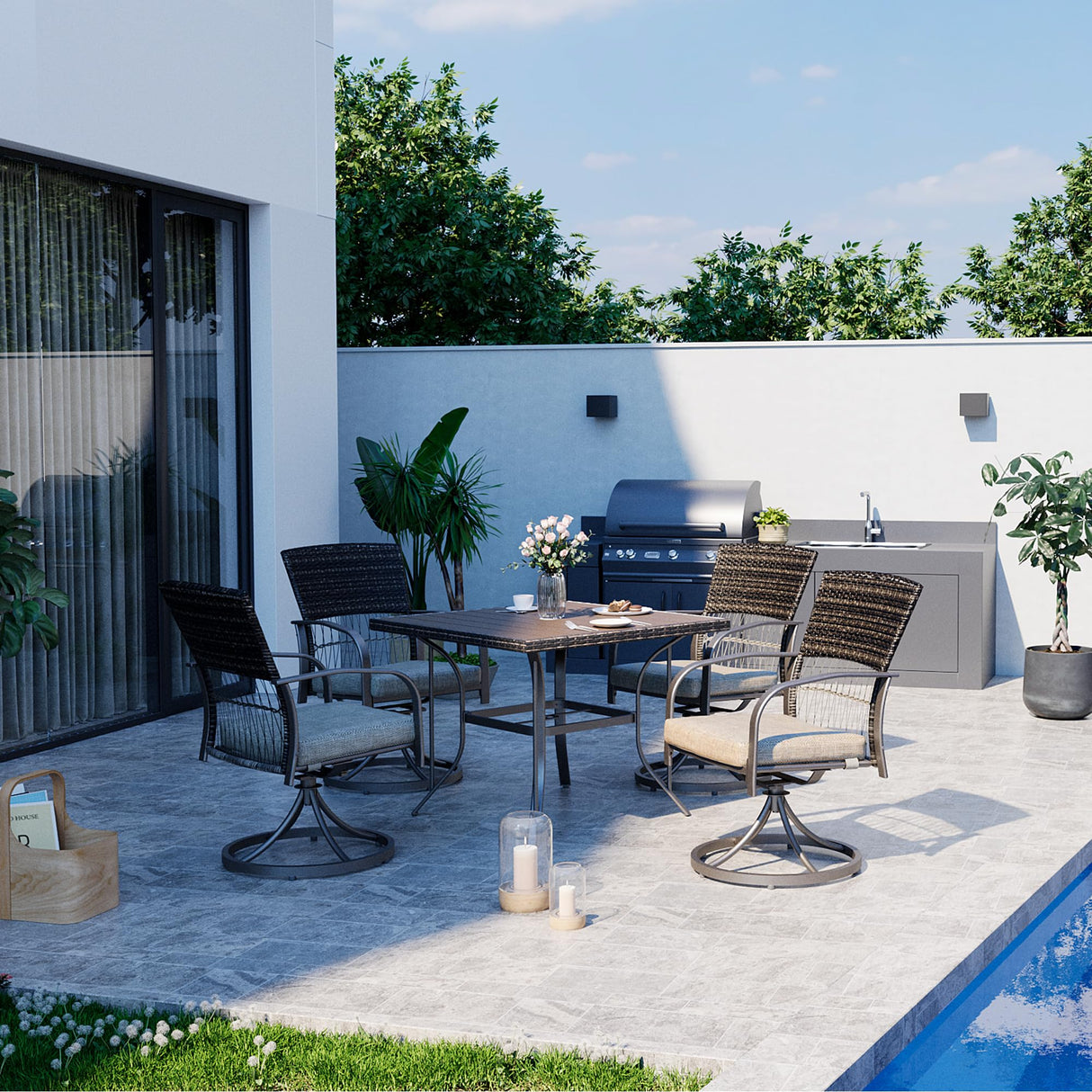 Pamapic 5 Piece Patio Dining Set for 4,Outdoor Wicker Furniture Set for Backyard Garden Deck Poolside with 4 Cushions Swivel Rocker Chairs,Square Plastic-Wood Table Top, Removable Cushions(Beige) Pamapic