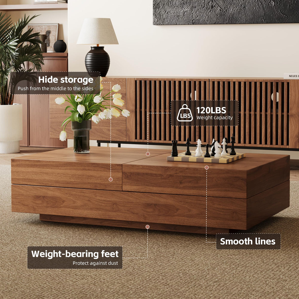 gaoyangjiaju Mid-Century Expandable Coffee Table with Storage – 47.2"-81.9" Adjustable Center Table for Living Room, Walnut Wood Finish gaoyangjiaju