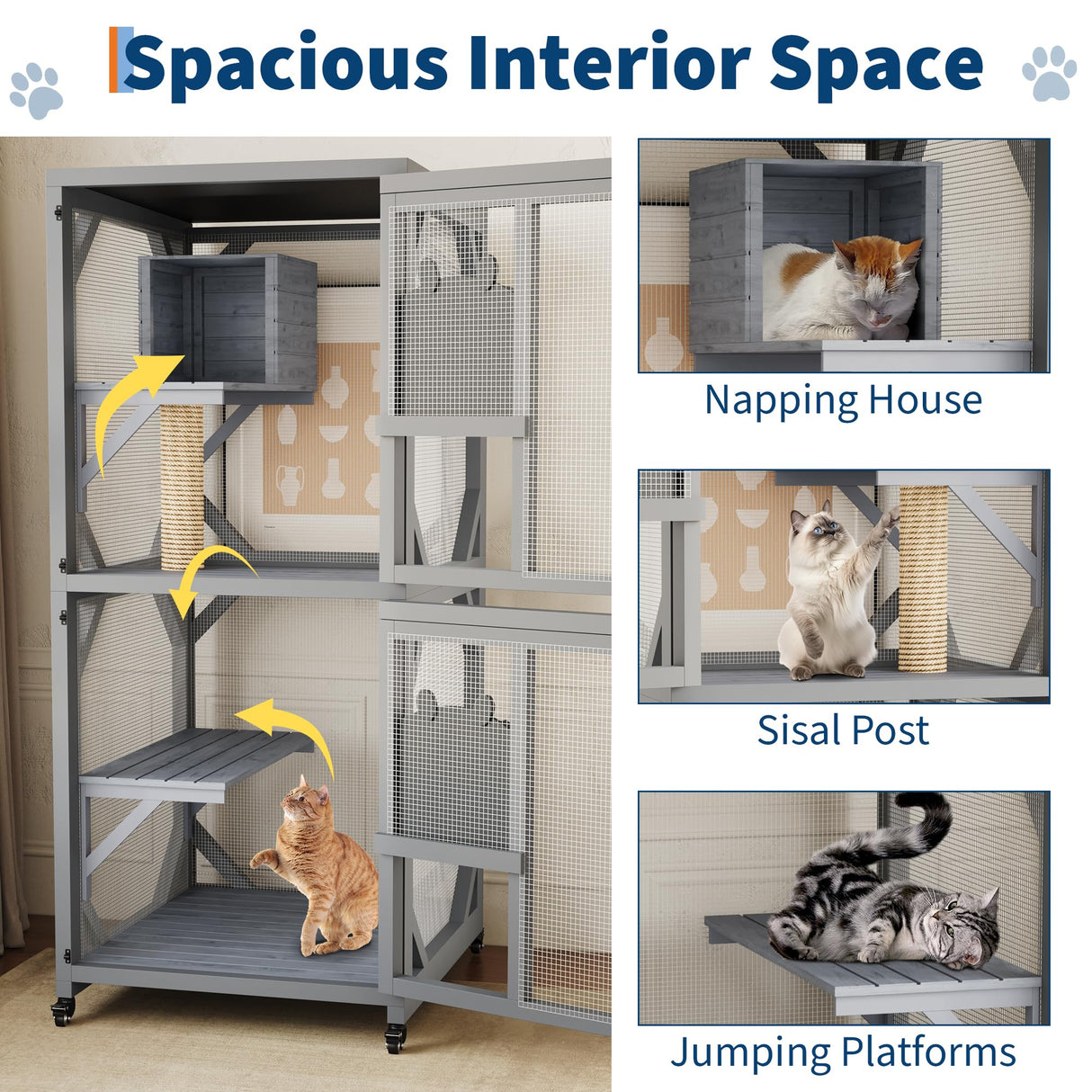 4 Tier Wood Catio Outdoor Window Cat Enclosure, Cat House On Wheels with Scratch Post, Resting Box, 4 Platforms, 2 Sliding Doors & Weatherproof Roof, Cats Kitty Condo Cage Shelter Playpen CuisinSmart