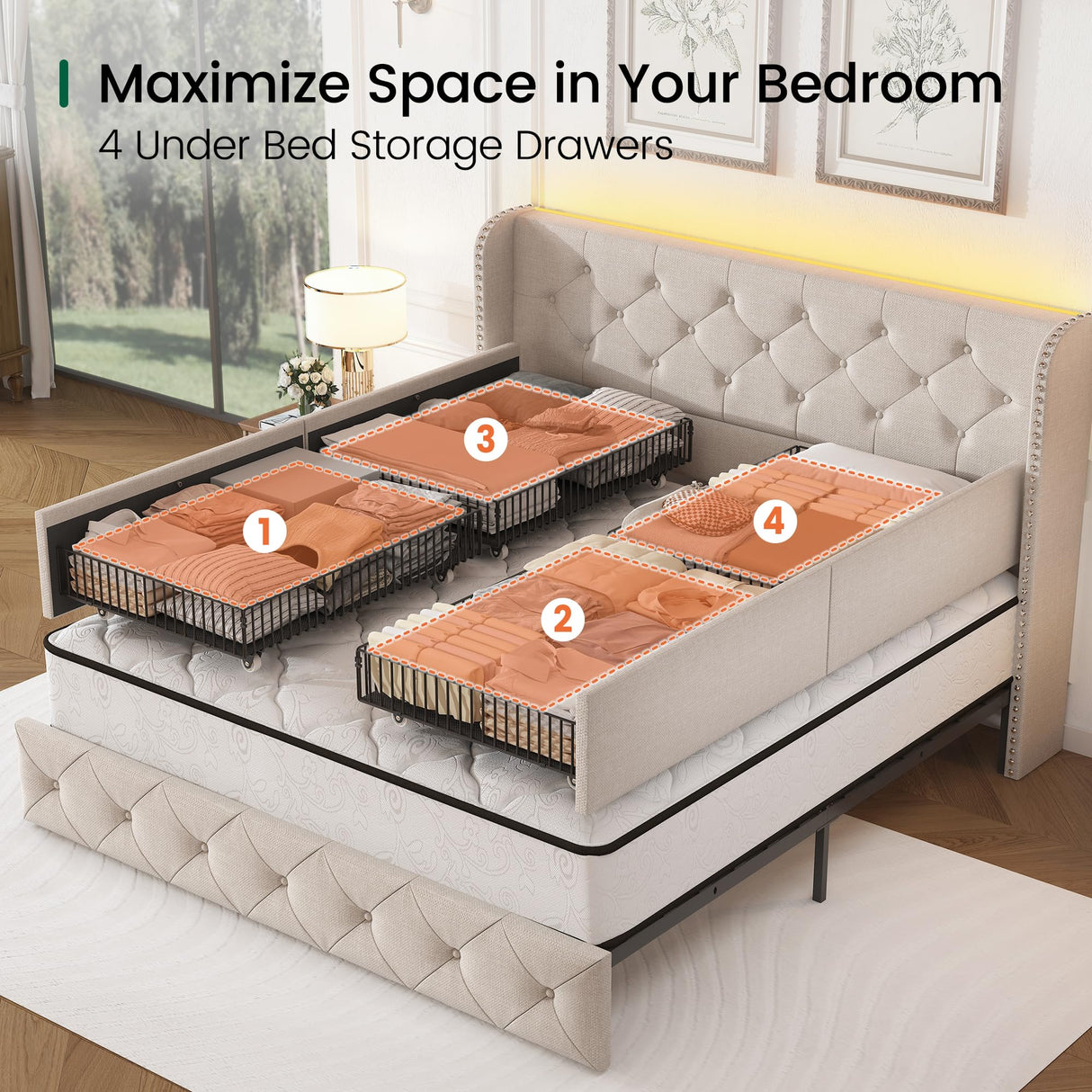 LARMACE Queen Size Bed Frame with LED Lights and 4 Storage Drawers Linen Upholstered Platform Bed Frame with Tufted Headboard Wingback, No Box Spring Needed, Easy to Assemble, Beige LARMACE
