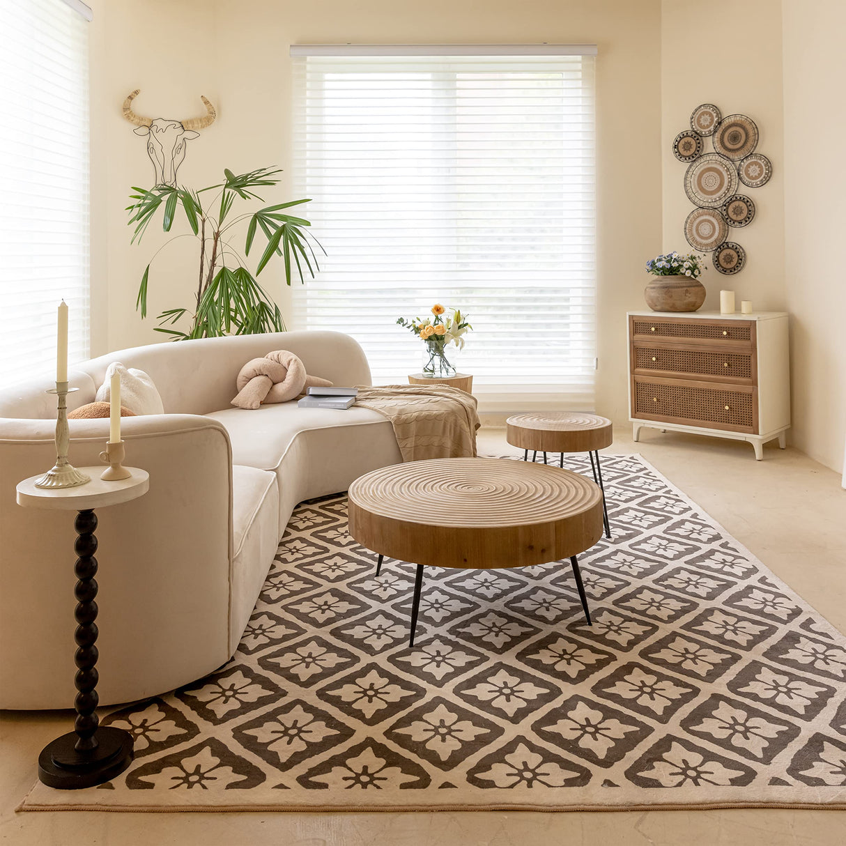 LONYKE 2-Piece Boho Farmhouse Living Room Coffee Table Set, Nesting Table Round Natural Finish with Handcrafted Wood Ring Motif, French Country Decor, Round LONYKE