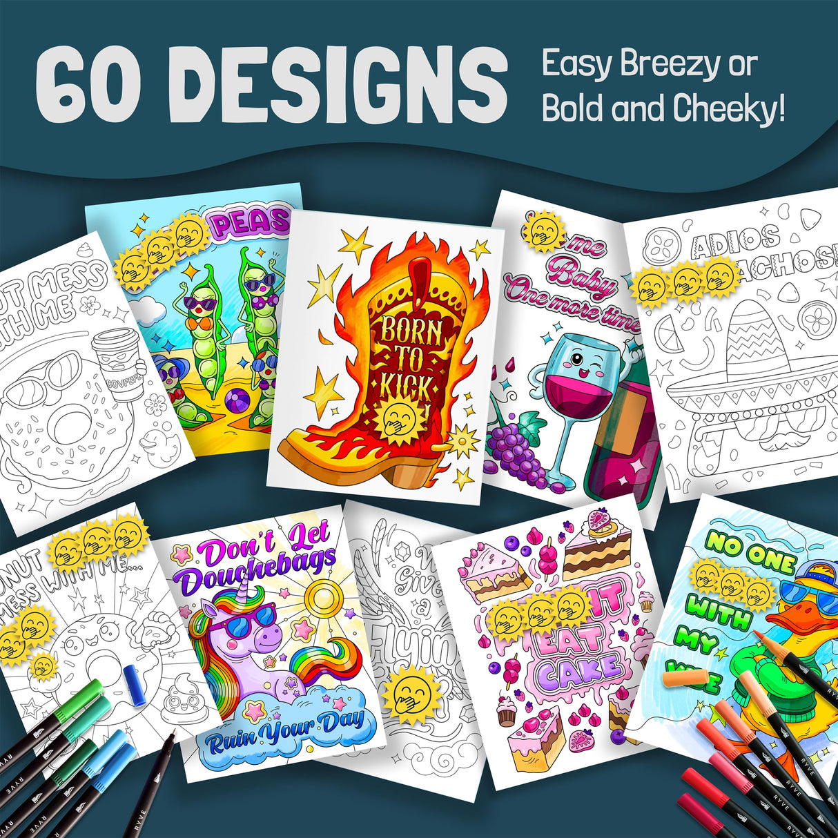 RYVE Coloring Books for Adults Relaxation Bundle – 2 Set of Funny & Relaxing Adult Coloring Books for Women & Men, Perfect Relax Stress Relief Gift (2-Pack) RYVE