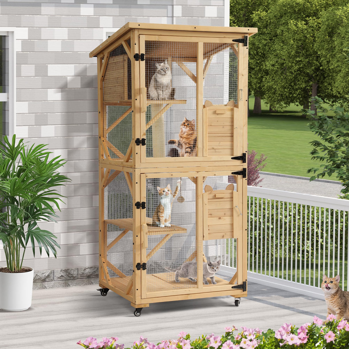 Dephet Catio Outdoor Cat Enclosure with Scratcher - 4-Tier Large Indoor Wooden Window Catio Cats House W/Asphalt Waterproof Roof, Wheels, Resting Box, Platforms, Kitten Toys Ball Dephet