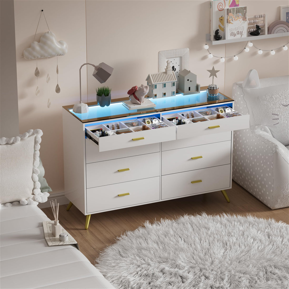 SDMY White Dresser for Bedroom,8 Drawer Dresser,Wide Chest of Drawers with LED Lights,Visual Desktop,Grid Drawer Storage Compartments,Modern Large Capacity Storage Cabinet for Living Room,Entryway SDMY