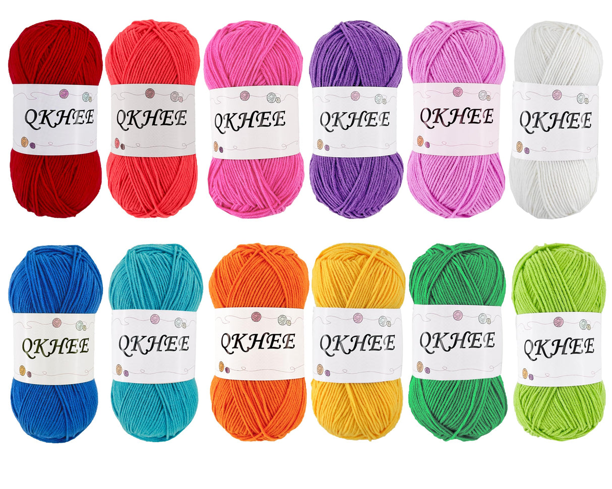 QKHEE Yarn for Crocheting and Knitting 12 * 1.76 Oz (50G) /195yd, Fine/Fingering Weight (1), 60% Cotton 40% Acrylic Soft Yarn kit for Making Sweater and amigurumi (Rainbow) QKHEE