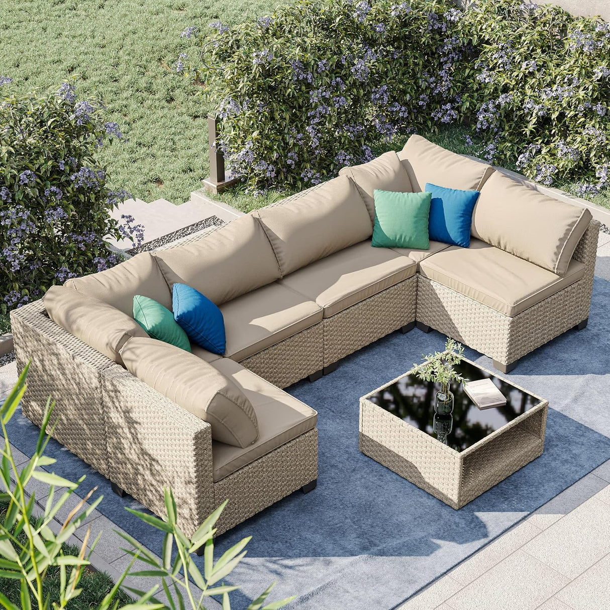 Aug-guan Patio Furniture Set 7-Piece, All-Weather Outdoor Conversation Set Sectional Sofa with Water Resistant Grey Thick Cushions and Coffee Table(Khaki) Aug-guan