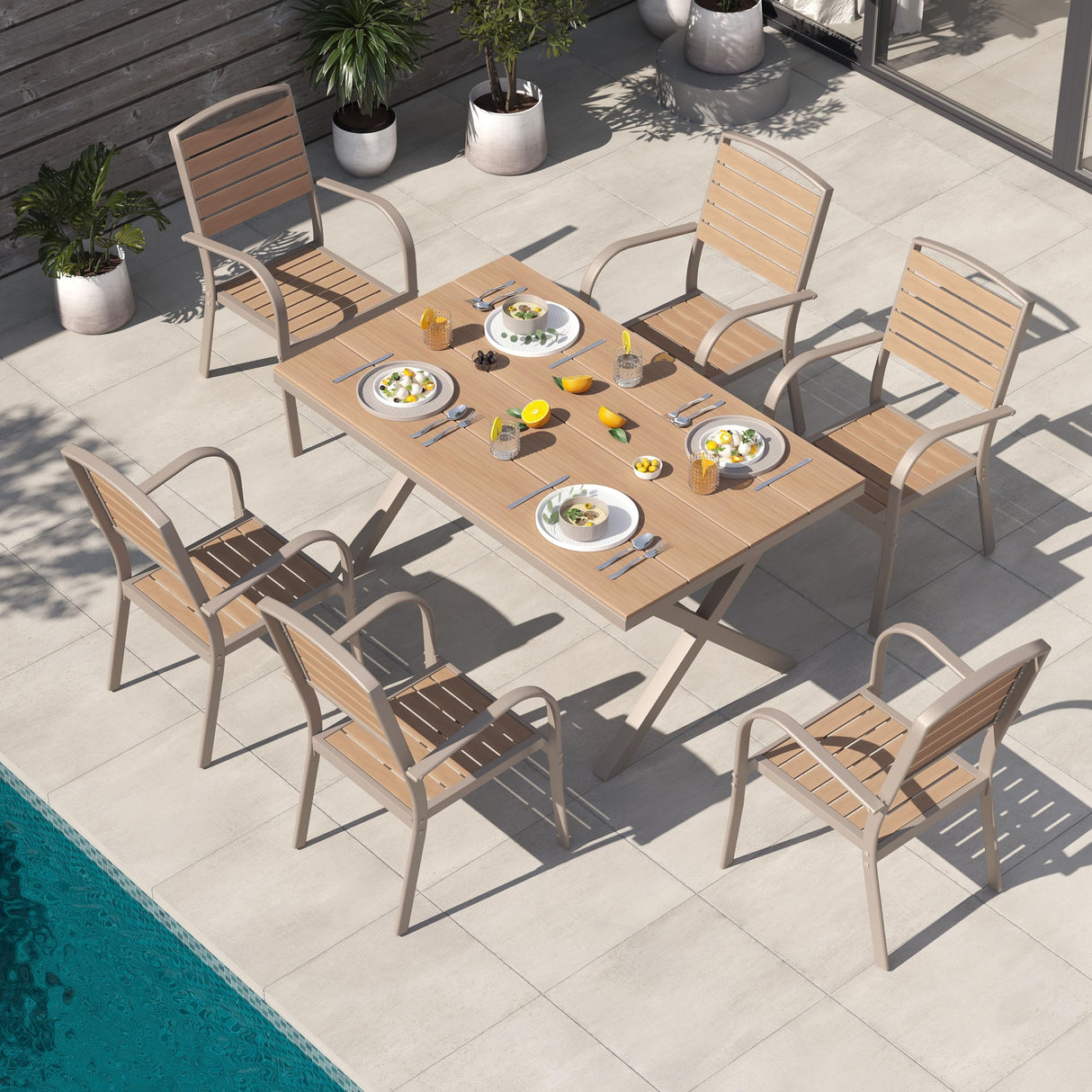 Patiorama 7 Pieces Patio Dining Set, Aluminum Outdoor Dining Set for 6, Patio Furniture Dining Set with Faux Woodgrain Rectangular Table and Stackable Chairs for Lawn Garden Backyard, Teakwood Brown Patiorama