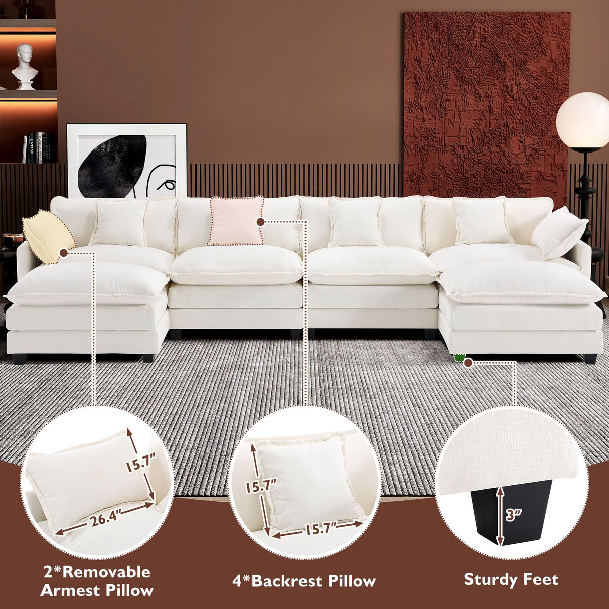 Ihanherry 146" U-Shaped Modern Sofa Modular Sectional Cloud Couch with 2 Ottoman, 6-Seat Chenille Deep Seat Sofa with 6 Pillows for Living Room, Bedroom and Apartment, Beige Ihanherry