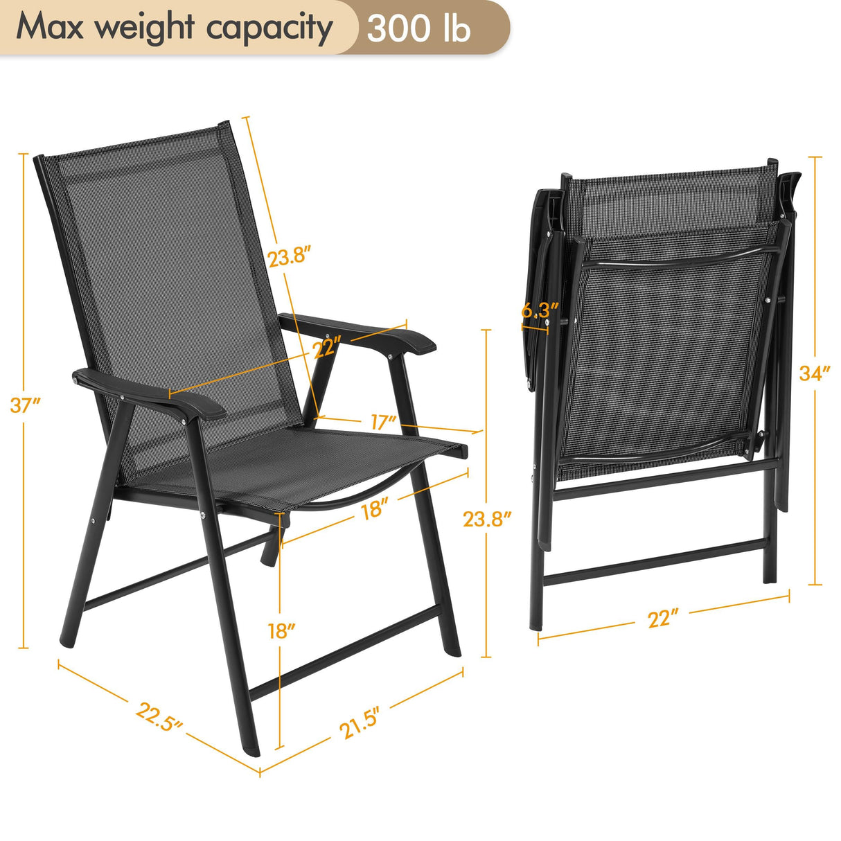 Yaheetech Patio Dining Chairs Set of 2 with Armrests, Outdoor Folding Chairs with Metal Frame and Backrest for Lawn, Garden, Yard and Poolside, Black Yaheetech