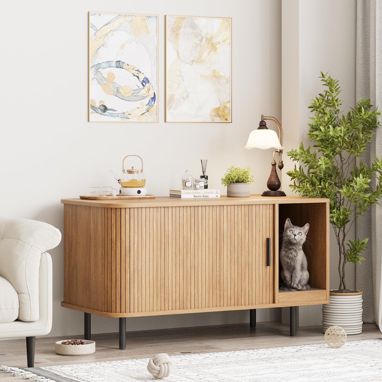 Cat Litter Box Enclosure with Cat Scratch Pad, Sliding Door, 37.4" Litter Box Enclosure Furniture Hidden Litter Box, Modern Indoor Cat House, TV Stand, Side End Table for Living Room, Natural Halitaa