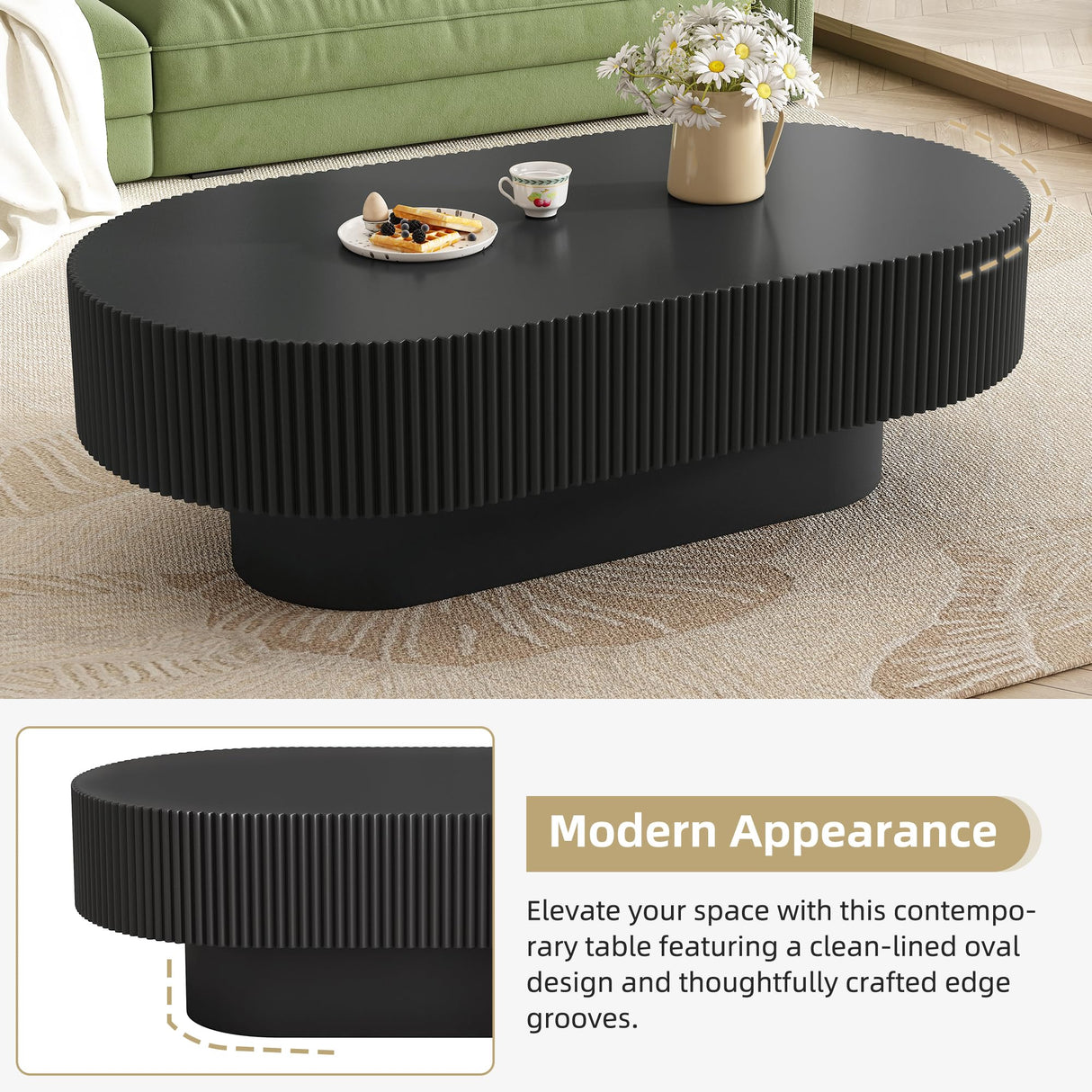 Merax Modern Oval Coffee Table with Sturdy Base, Wood Minimalist Fluted Center Tables for Living Room Reception Room, Easy Assemble,Black Merax