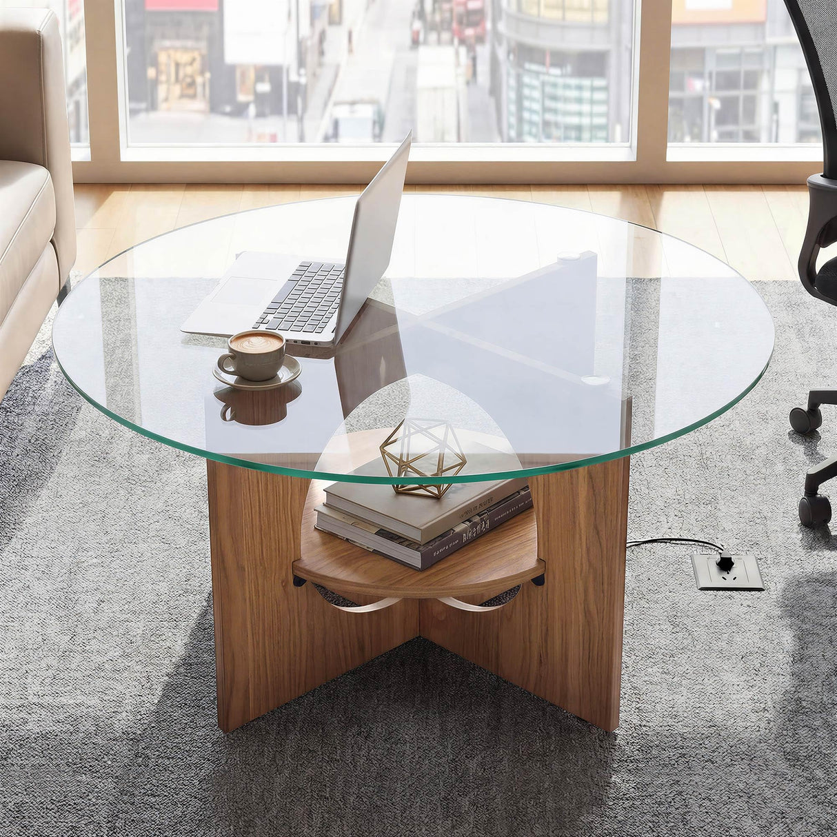 YITAHOME Round Coffee Table, 2-Tier Glass Coffee Tables with Storage, Multi-Purpose Modern Center Table or Cocktail Table for Living Room, Office, Lounge, Walnut YITAHOME
