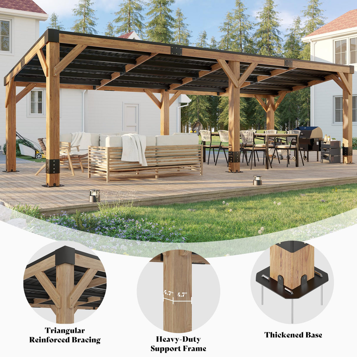AMERLIFE 10 x 20 FT Solid Wood Gazebo with Metal Hardtop, Large Outdoor Grill Canopy with Sloped Roof, Heavy Duty Pergola for Patio, Backyard, Garden, Natural Spruce AMERLIFE