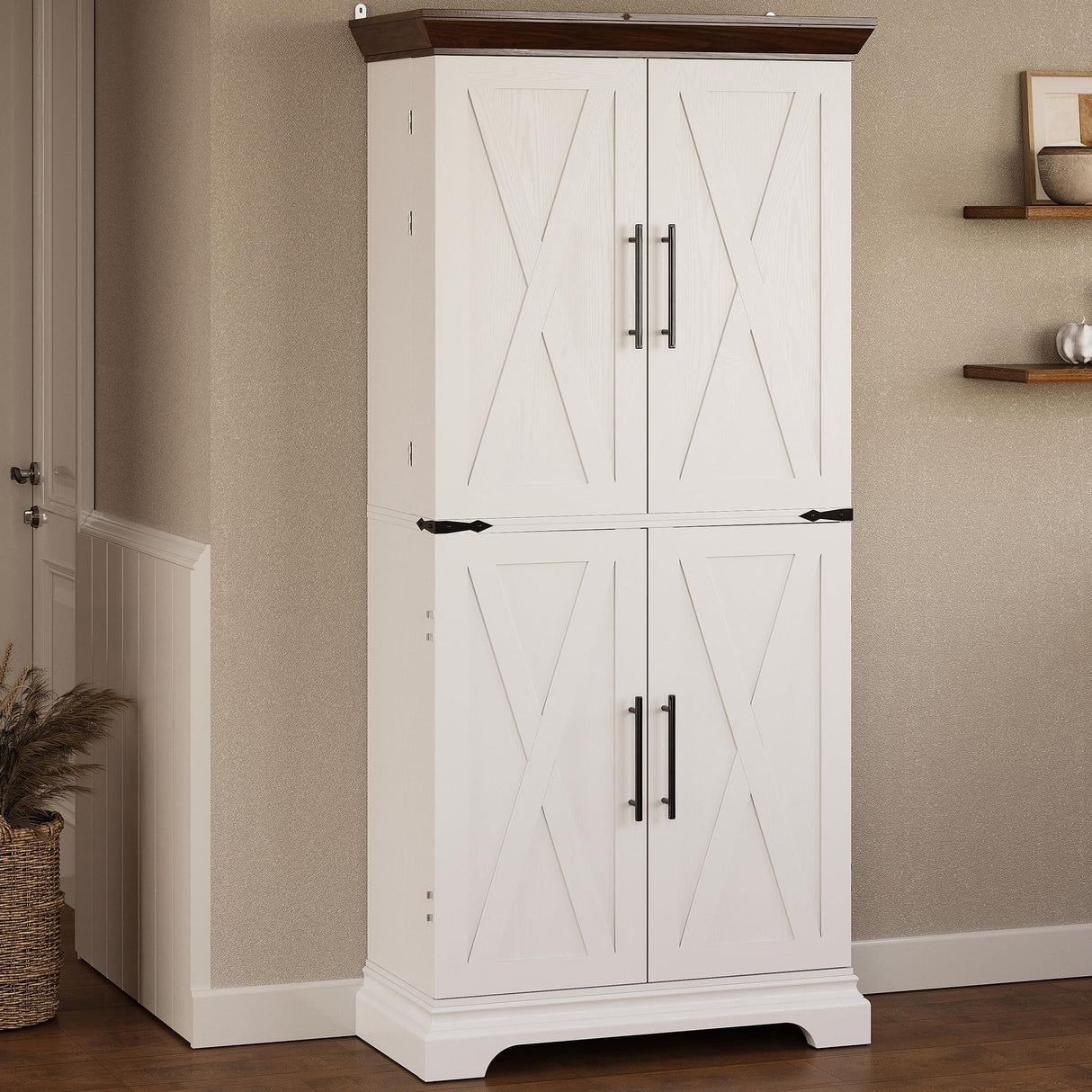 IRONCK Kitchen Pantry Cabinet 72" H, with 9 Shelves, 4 Barn Doors, Drawer, 6 Door Storage Shelves, Farmhouse Freestanding Rustic Wood Cupboard for Kitchen Dining Room White IRONCK